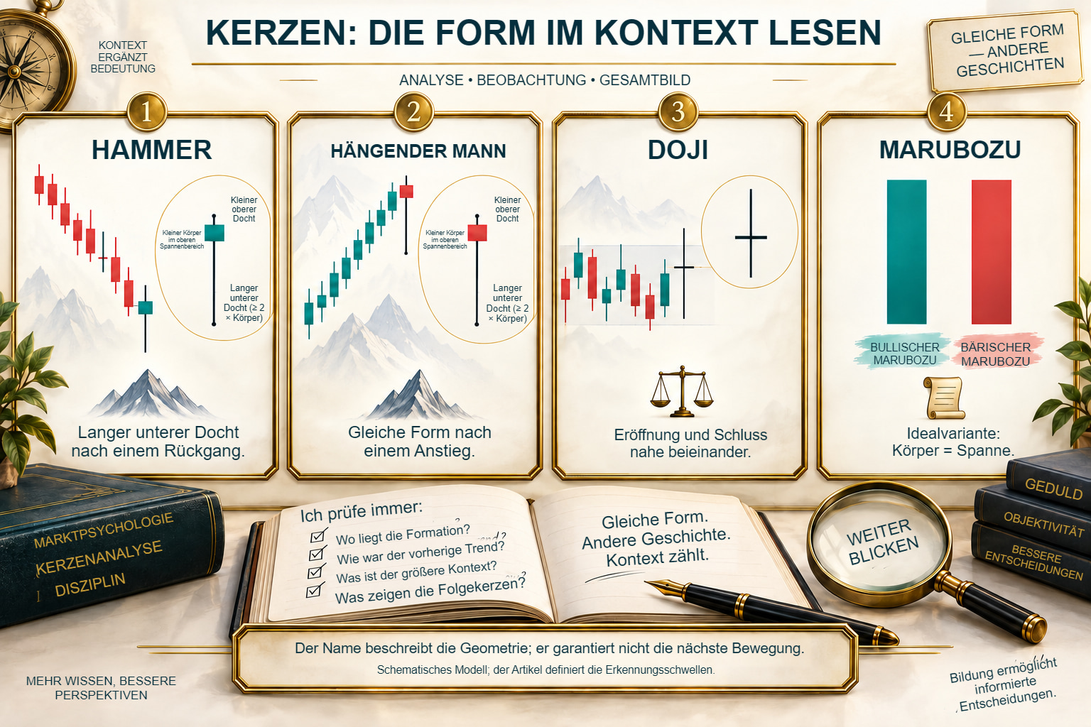 Hammer, hängender Mann, Doji und Marubozu: Einzelkerzenanatomie und vorheriger Preiskontext