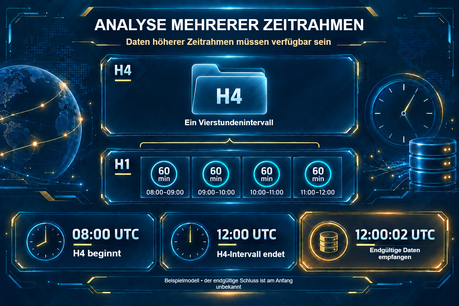 Vier zu H4 aggregierte H1-Intervalle und der Verfügbarkeitszeitpunkt endgültiger Daten