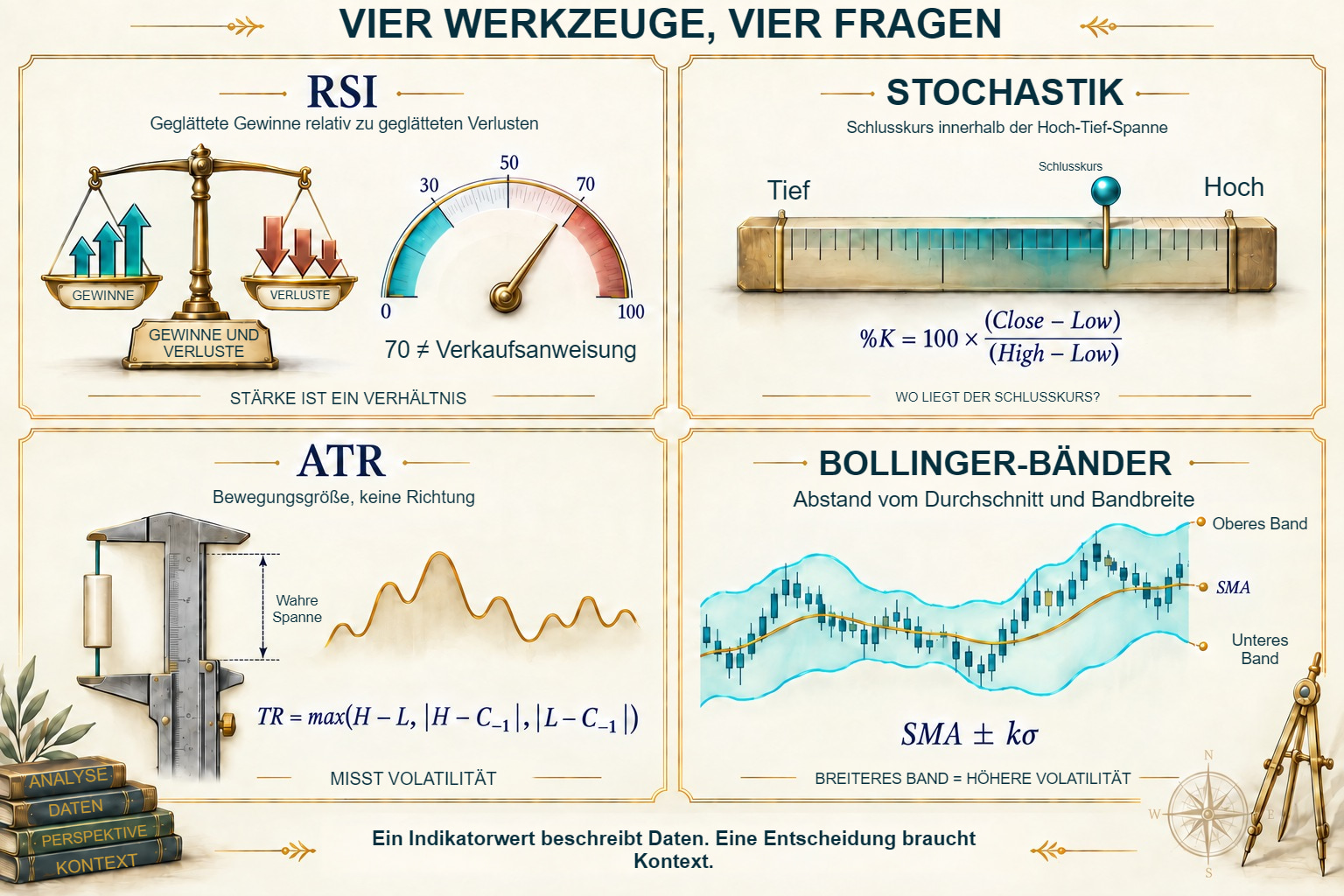 RSI, Stochastik, ATR und Bänder: vier verschiedene Fragen