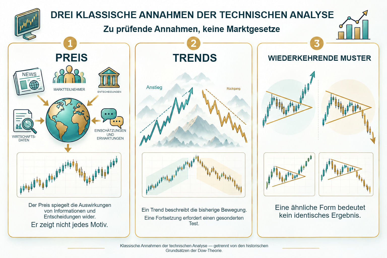 Drei Annahmen der klassischen technischen Analyse: Preis, Trends und wiederkehrende Muster