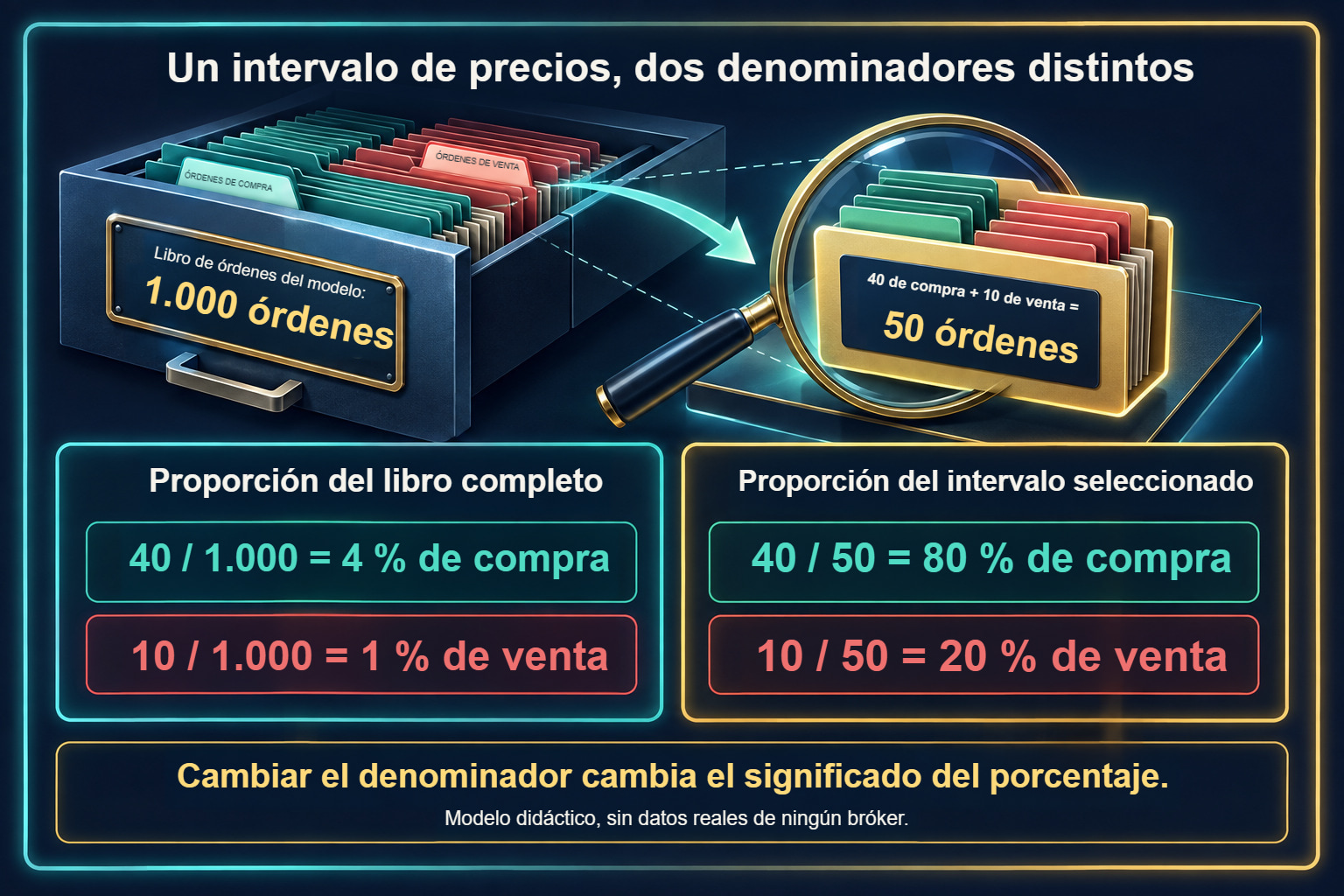 Libro de órdenes: porcentajes de toda la muestra y de un único intervalo