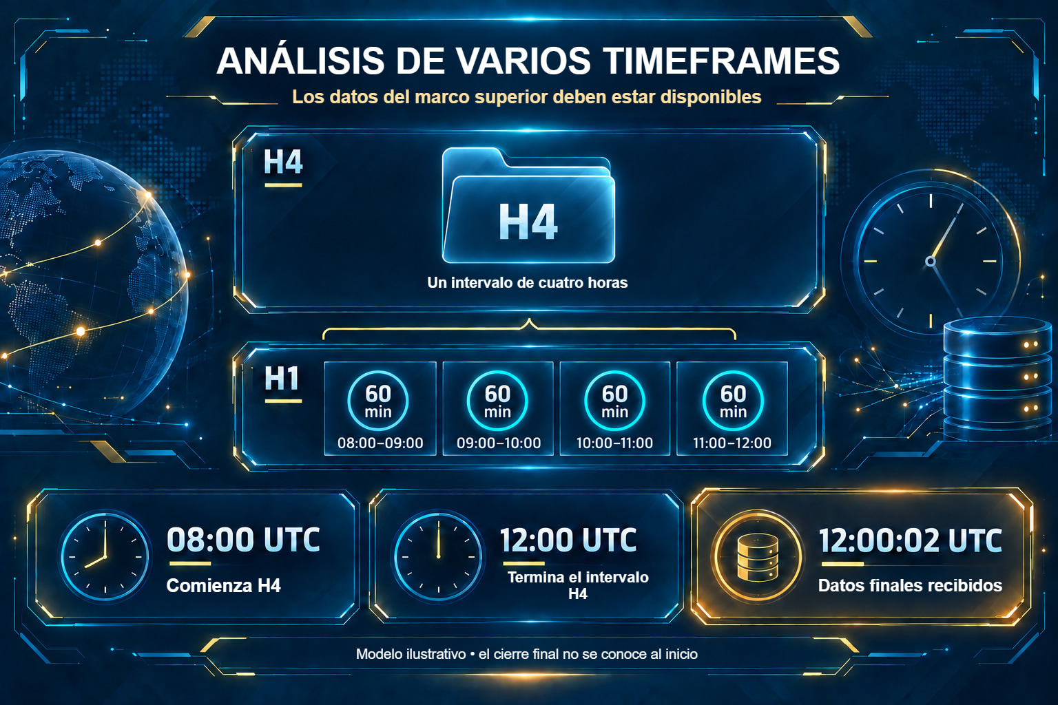 Cuatro intervalos H1 agregados en H4 y momento de disponibilidad de datos finales