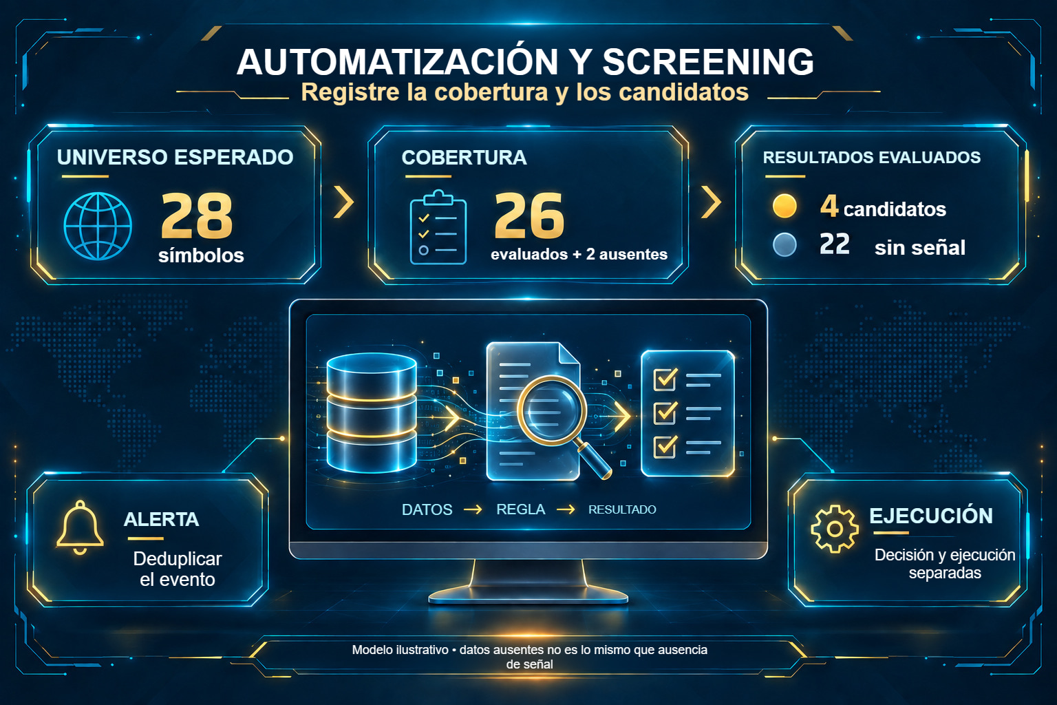 Screening: 28 símbolos, 26 evaluados, 2 sin datos y 4 candidatos