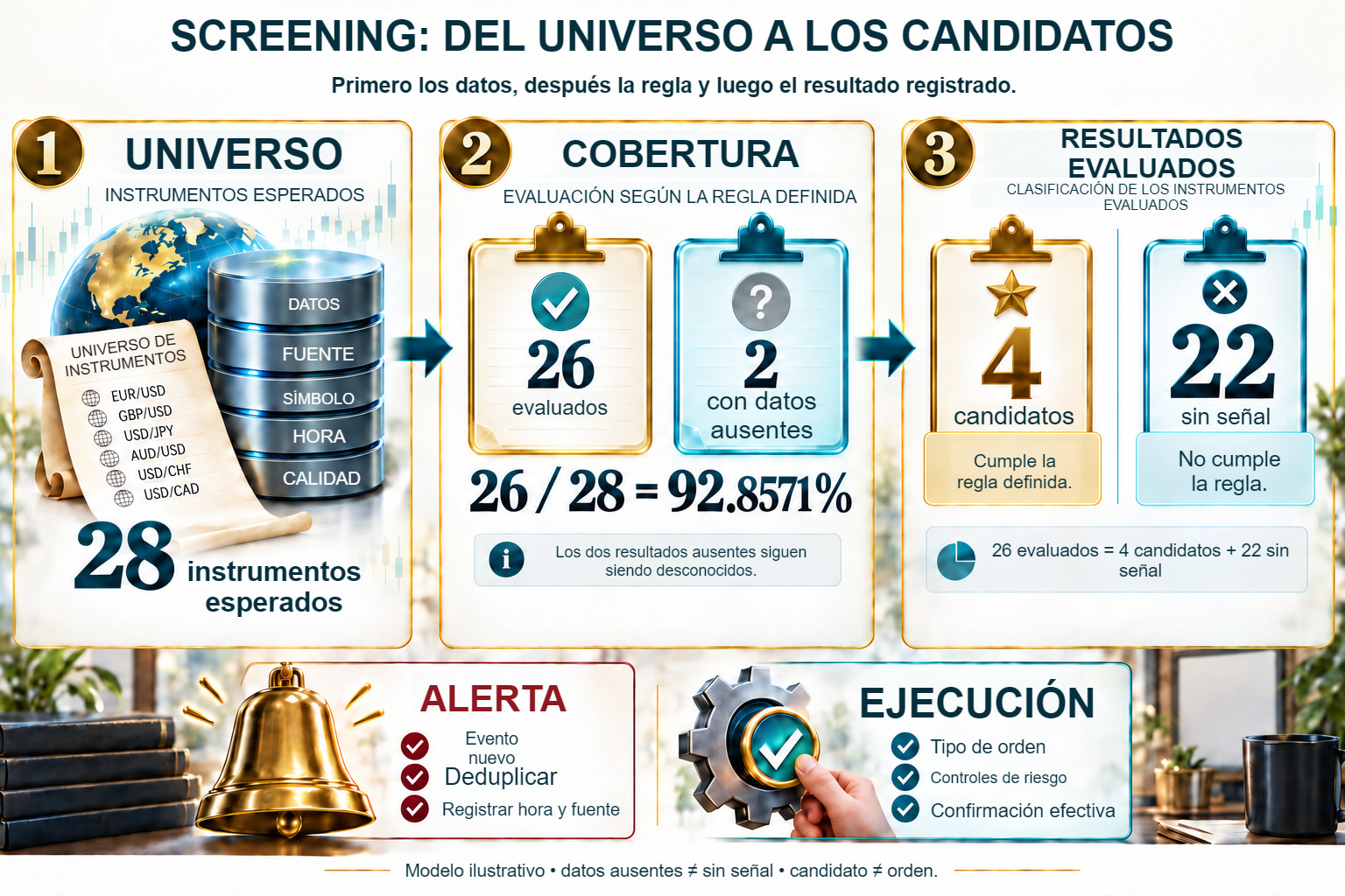 Screening: 28 esperados, 26 evaluados, 2 resultados ausentes