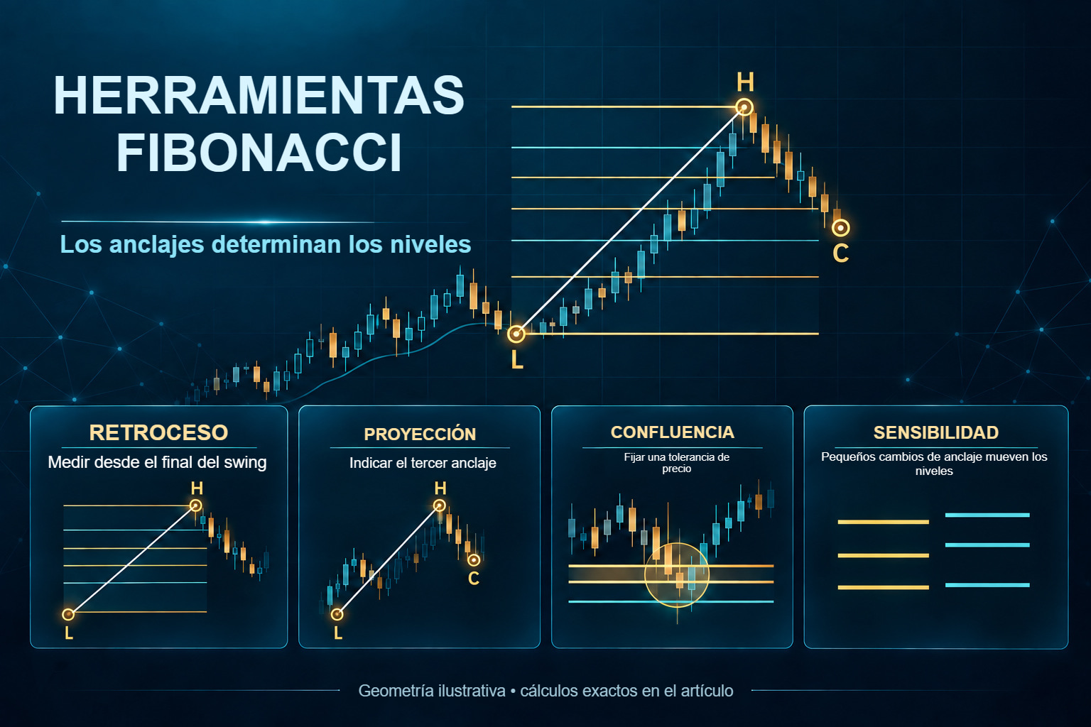 Fibonacci: retroceso, proyección, confluencia y sensibilidad a los anclajes