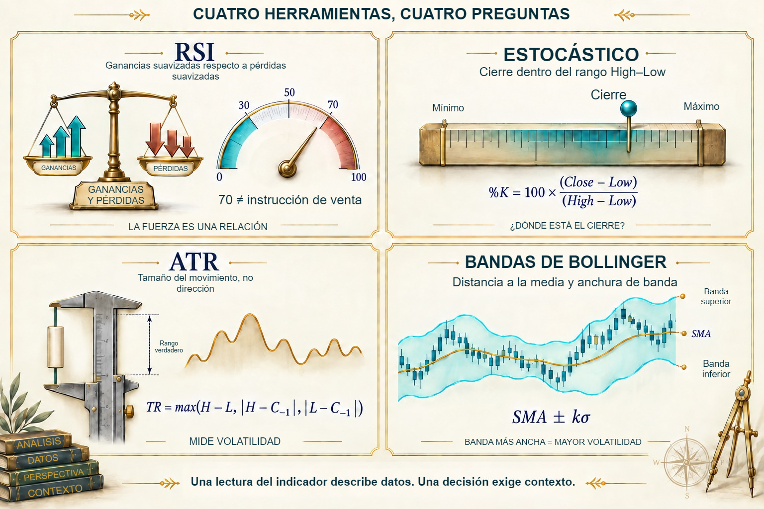 RSI, estocástico, ATR y bandas: cuatro preguntas distintas