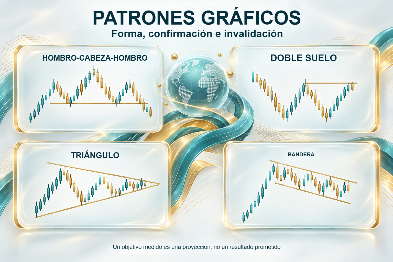 Patrones gráficos: hombro-cabeza-hombro, doble suelo, triángulo y bandera