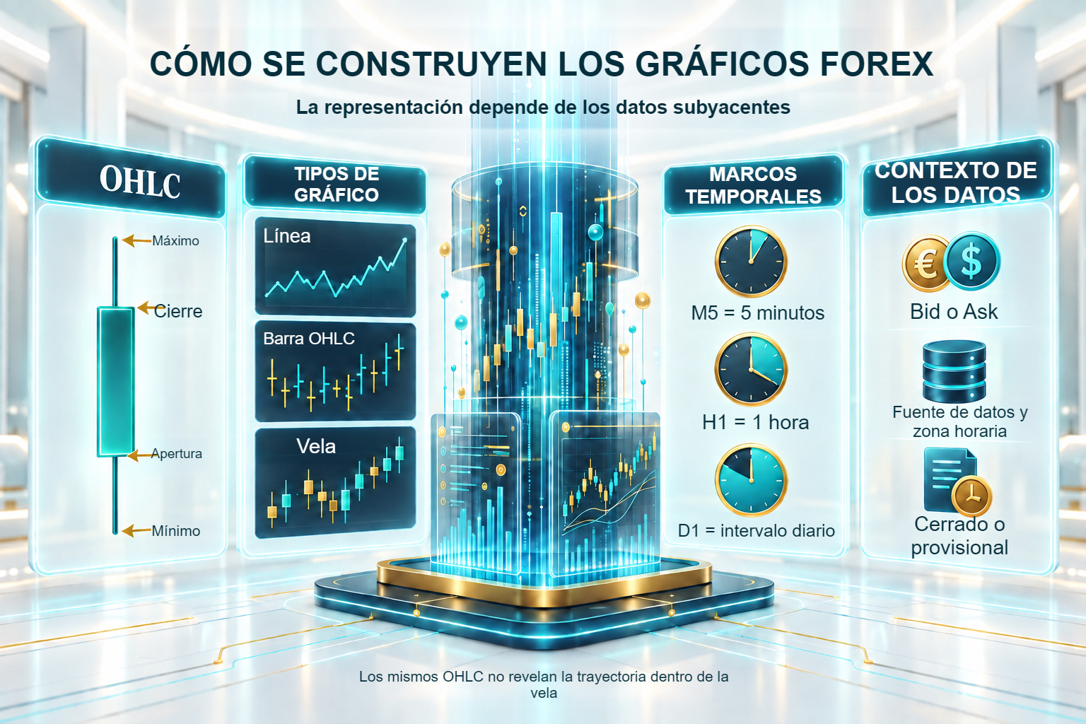 Construcción de gráficos: OHLC, tipos, marcos temporales y fuente de datos