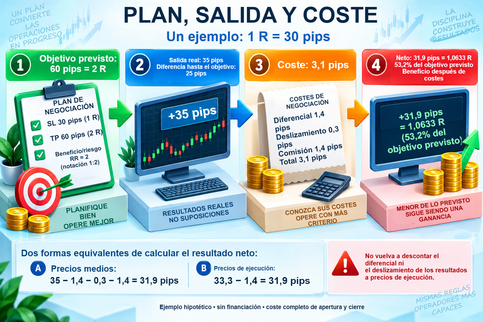 Cuatro fases ilustradas de una posición: 60 pips previstos, salida tras 35, costes de 3,1 y resultado neto de 31,9 pips o 1,0633 R.