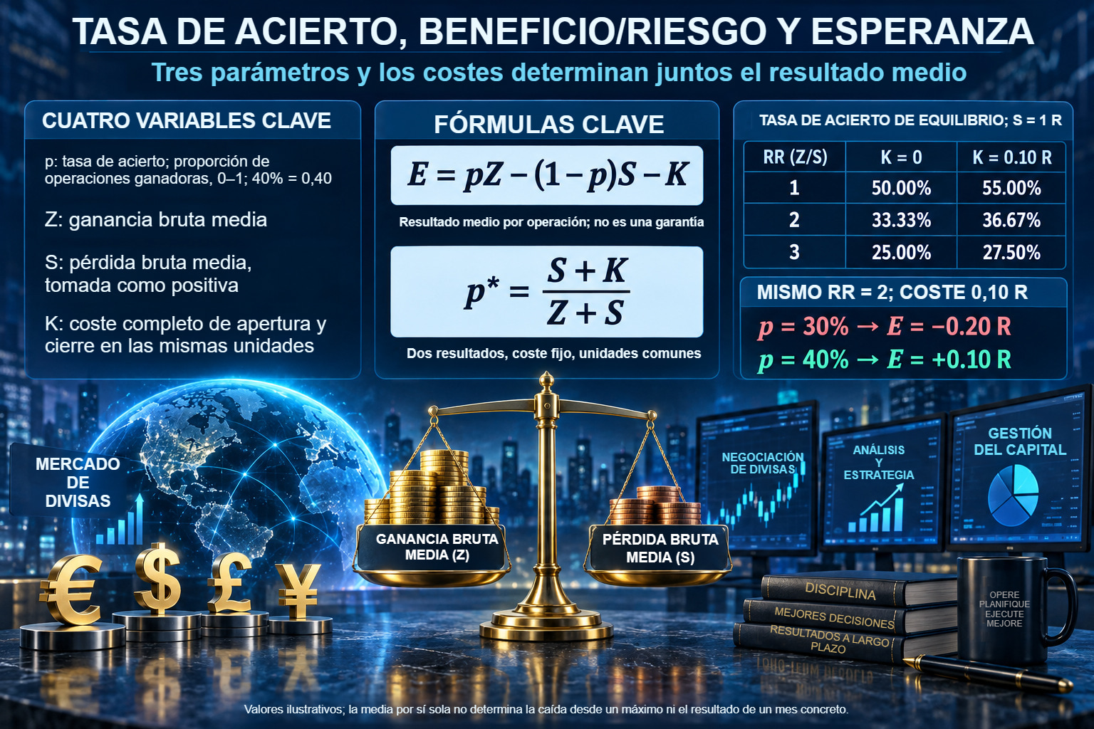 Definiciones ilustradas de tasa de acierto, ganancia y pérdida medias y costes; tabla de umbrales para RR de 1, 2 y 3 con costes de cero o 0,10 R.
