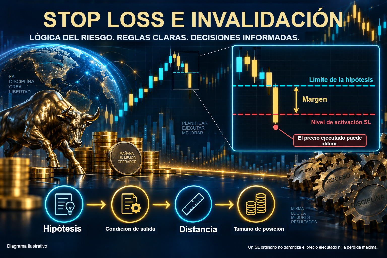 Diagrama detallado del stop loss: límite de la hipótesis, margen y nivel inferior de activación, ejemplo ampliado de un precio de ejecución distinto y secuencia desde la hipótesis hasta el tamaño de la posición.
