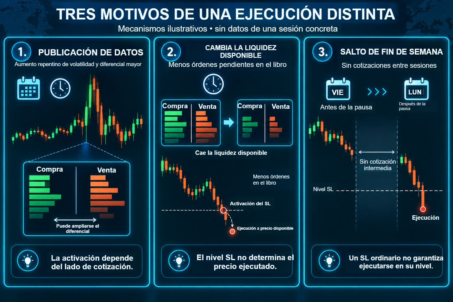 Tres diagramas detallados de ejecución desfavorable: un diferencial mayor alrededor de una publicación, cambios de liquidez disponible y un salto entre la última cotización antes de una pausa y la primera posterior.