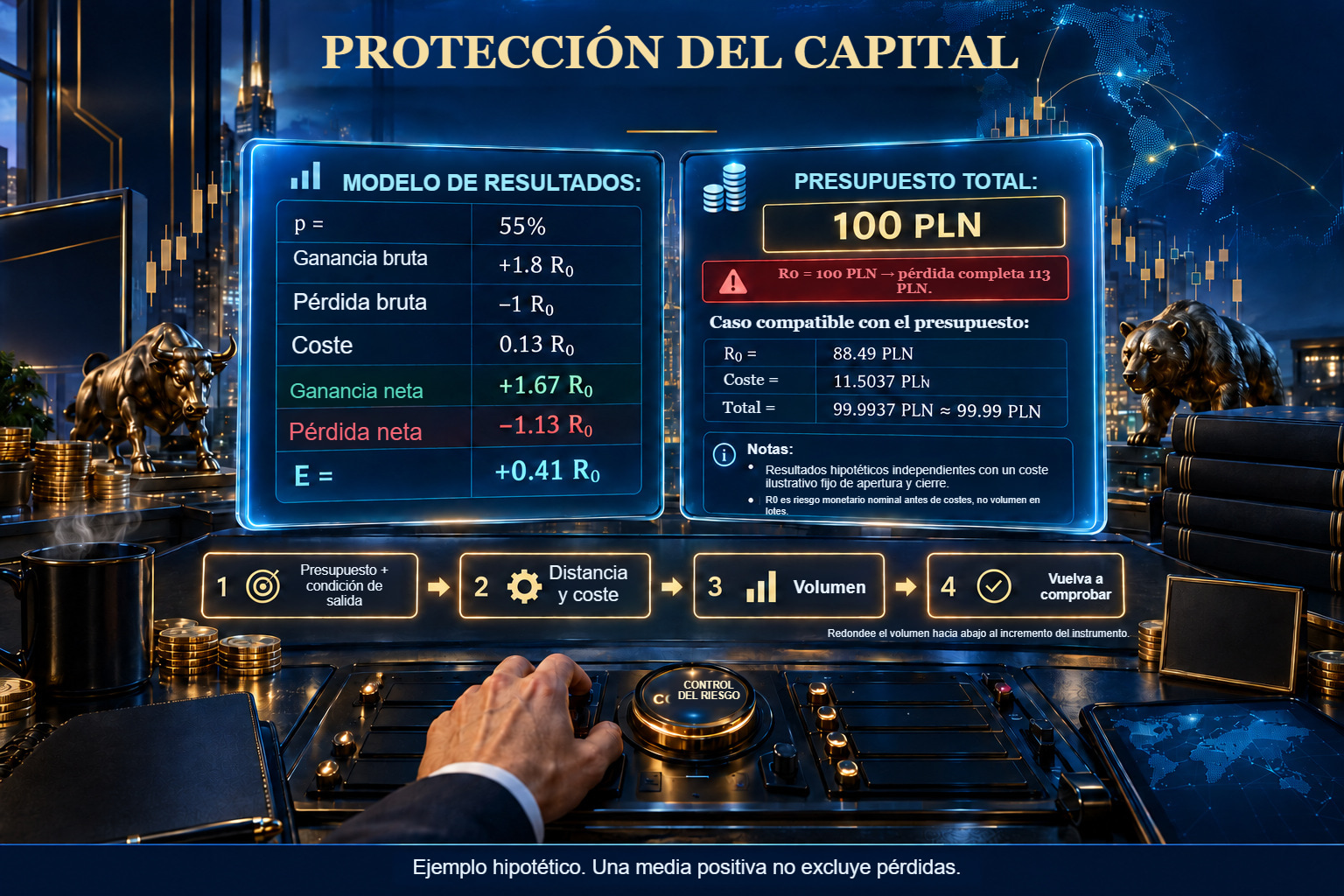 Dos paneles ilustrados: un modelo con p=55%, resultados netos de +1,67/−1,13 R₀ y E=+0,41 R₀; y un presupuesto de 100 PLN que cumple una unidad nominal de 88,49 PLN con un coste de 11,5037 PLN.