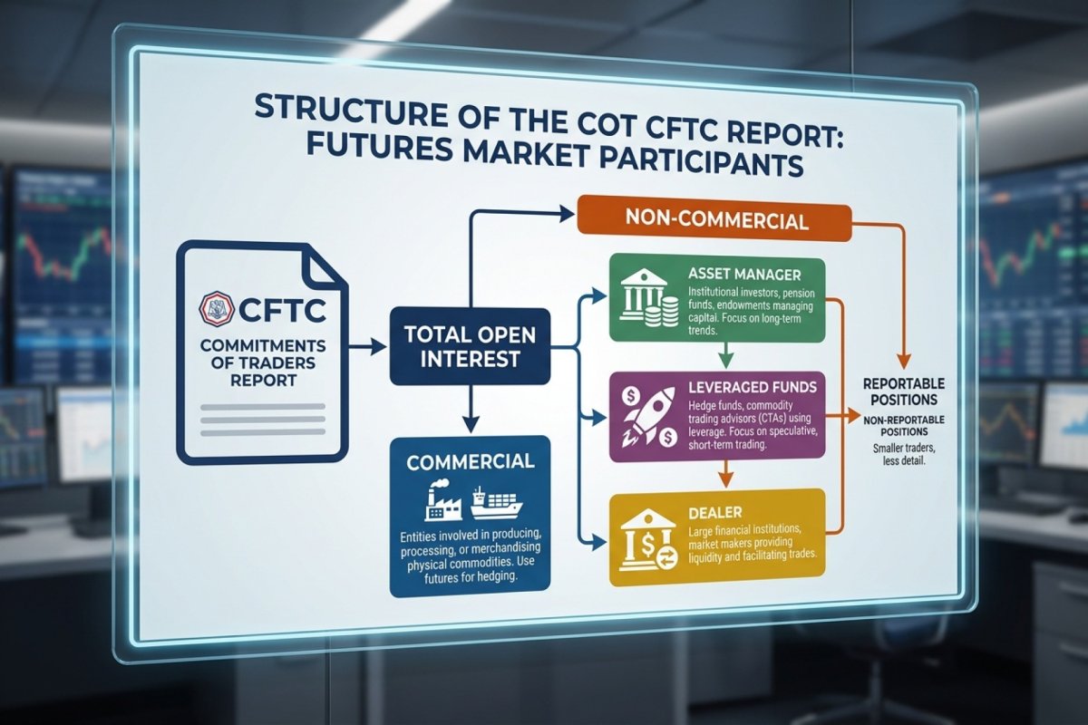 Estructura del informe COT de la CFTC – el desglose de los participantes del mercado de futuros en las categorías Commercial, Non-Commercial, Dealer, Asset Manager y Leveraged Funds