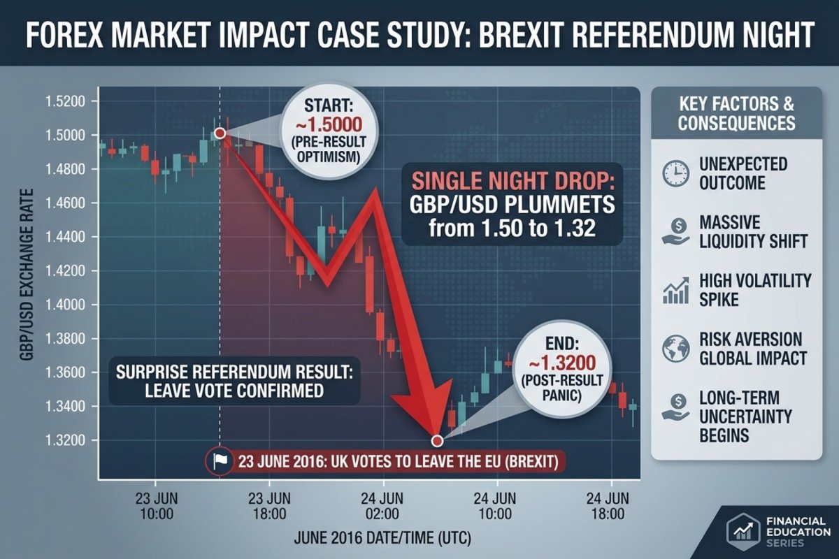 Brexit 23. Juni 2016 – GBP/USD fällt in einer einzigen Nacht von 1,50 auf 1,32 nach dem überraschenden Referendumsergebnis