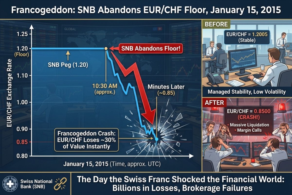 Francogeddon – die SNB hebt am 15. Januar 2015 den EUR/CHF-Mindestkurs auf, Absturz von 1,20 auf rund 0,85 in Minuten