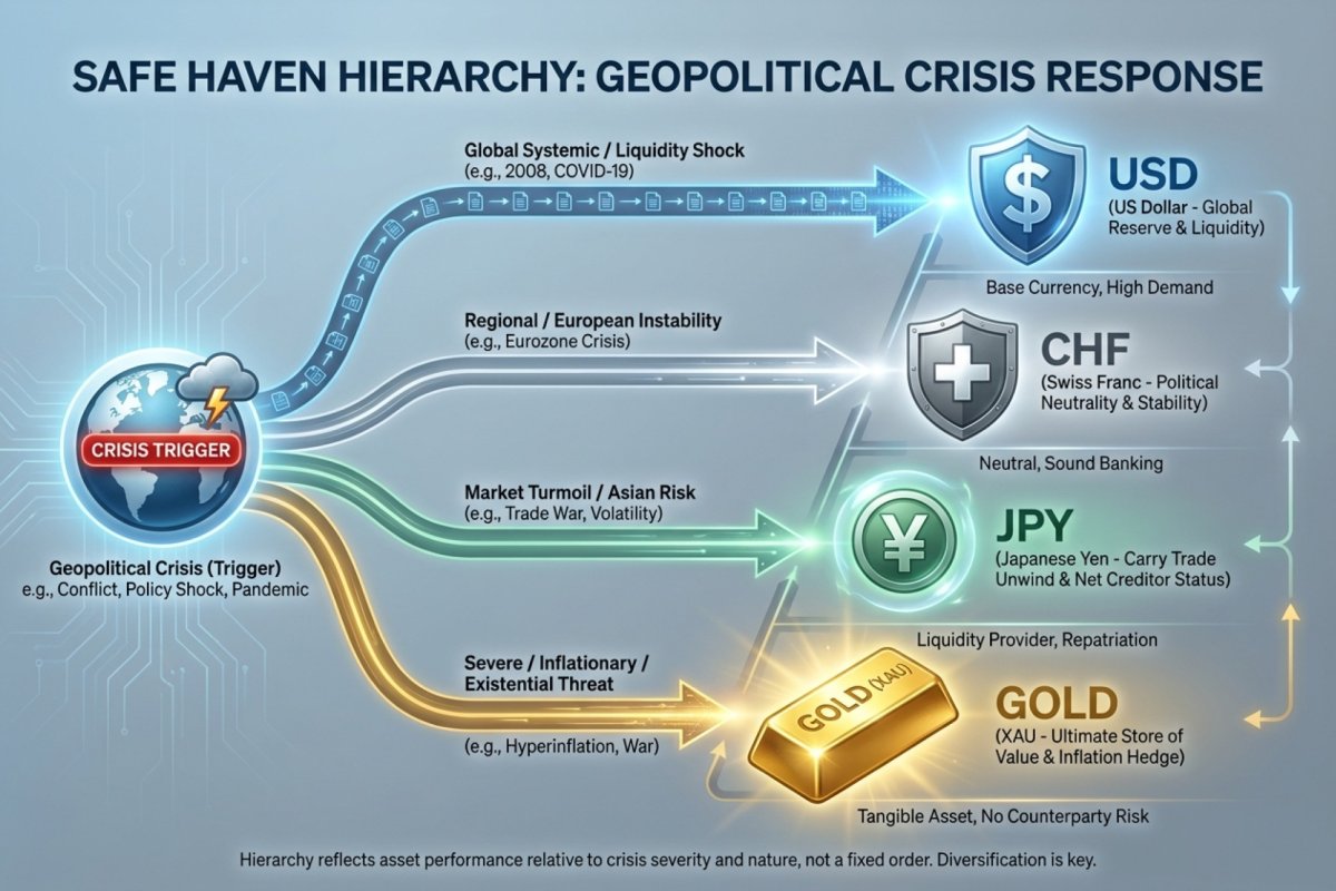Safe-Haven-Hierarchie – USD, CHF, JPY und Gold als sichere Häfen je nach Art der geopolitischen Krise