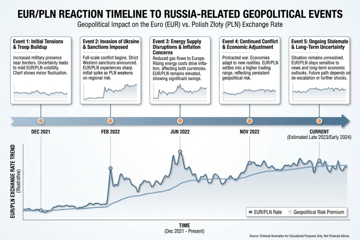 Zeitlicher Ablauf der EUR/PLN-Reaktion auf die russische Invasion der Ukraine – von steigenden Spannungen im Januar bis zur Stabilisierung im April 2022