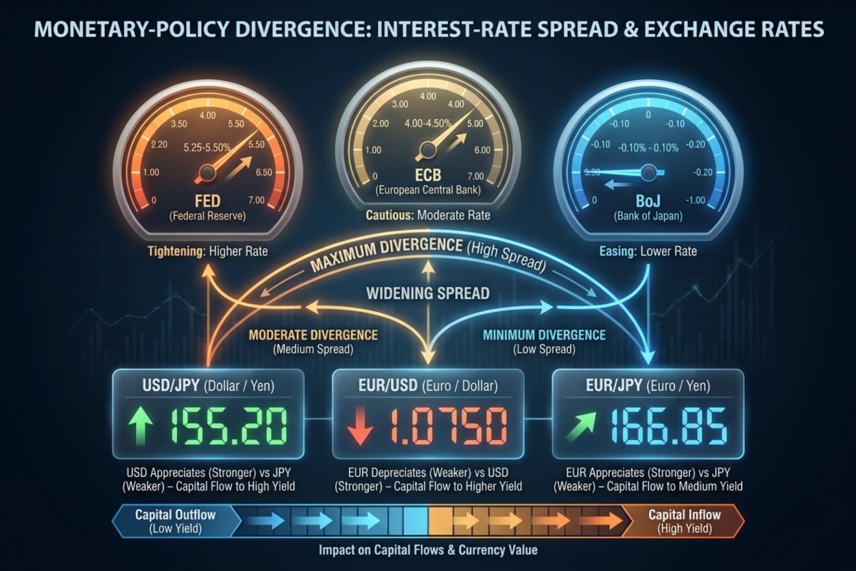 Diferencial de tipos de interes Fed vs BCE vs BoJ – divergencia de política monetaria y su impacto en el tipo de cambio