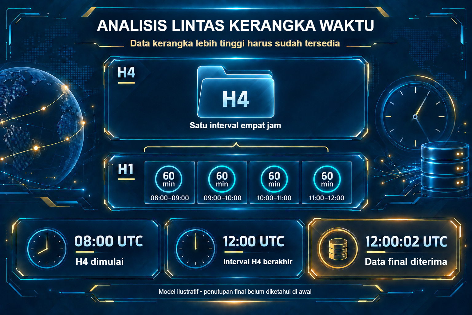 Empat interval H1 digabungkan menjadi H4 beserta waktu data final tersedia
