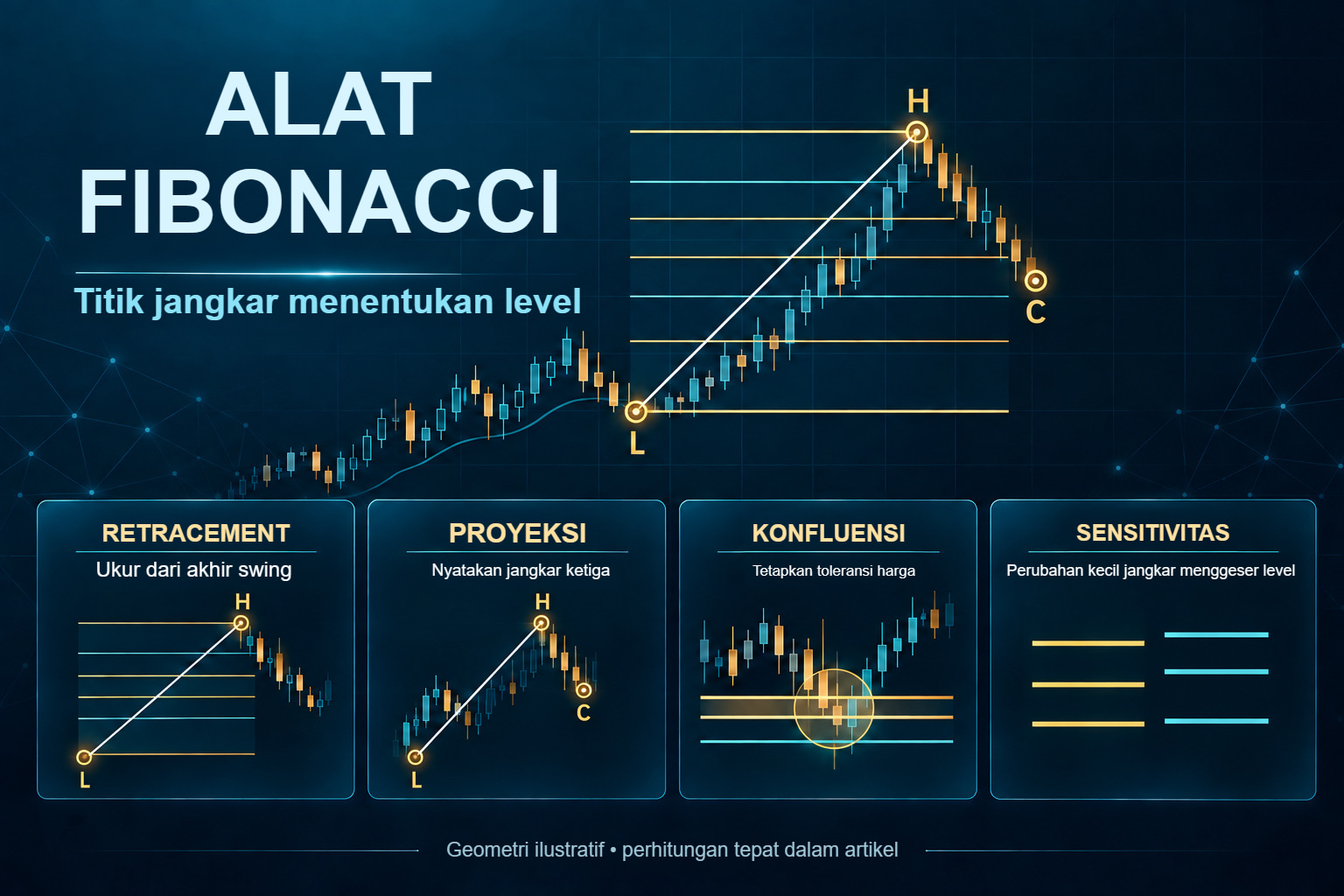 Fibonacci: retracement, proyeksi, konfluensi dan sensitivitas jangkar