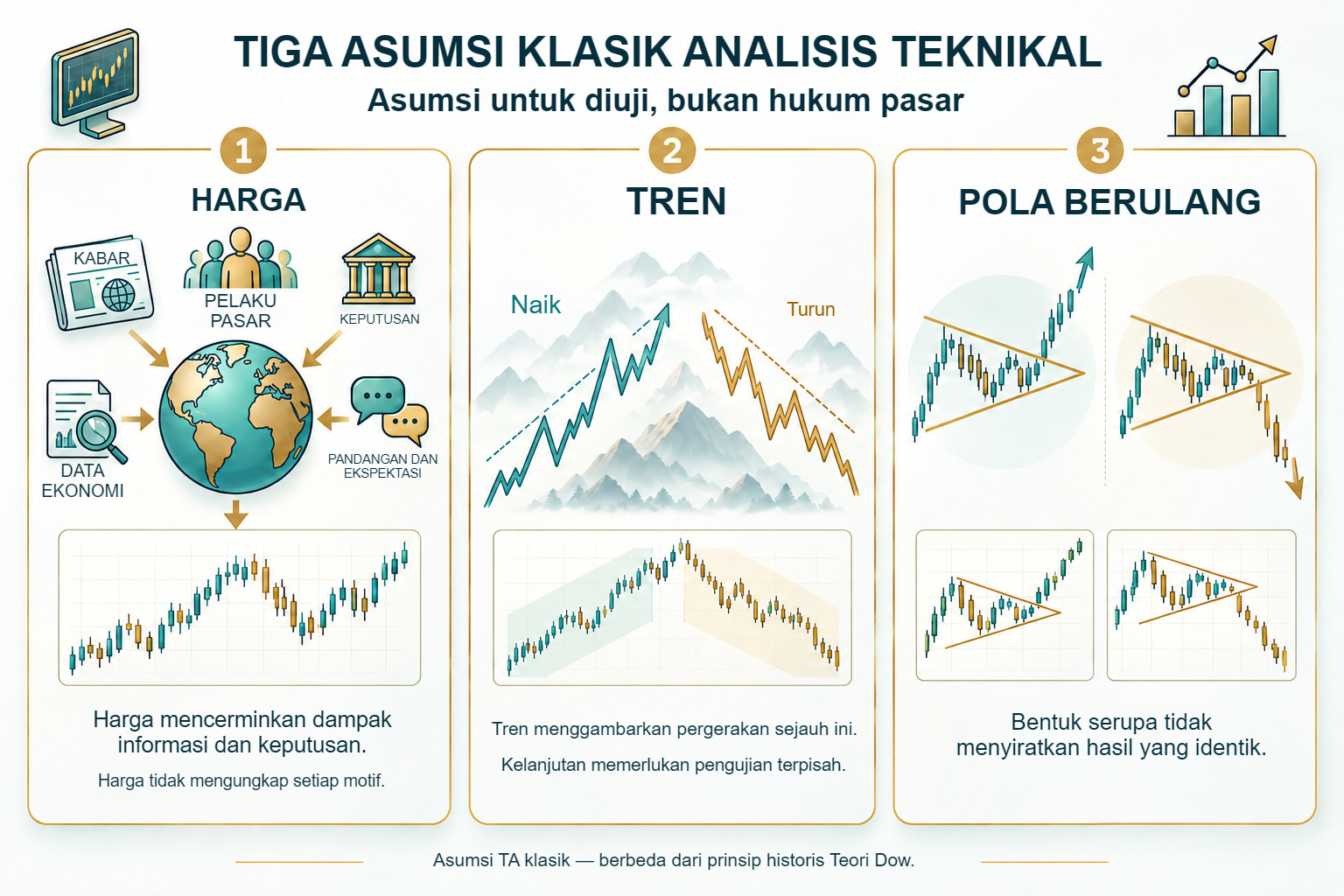 Tiga asumsi analisis teknikal klasik: harga, tren, dan pola berulang