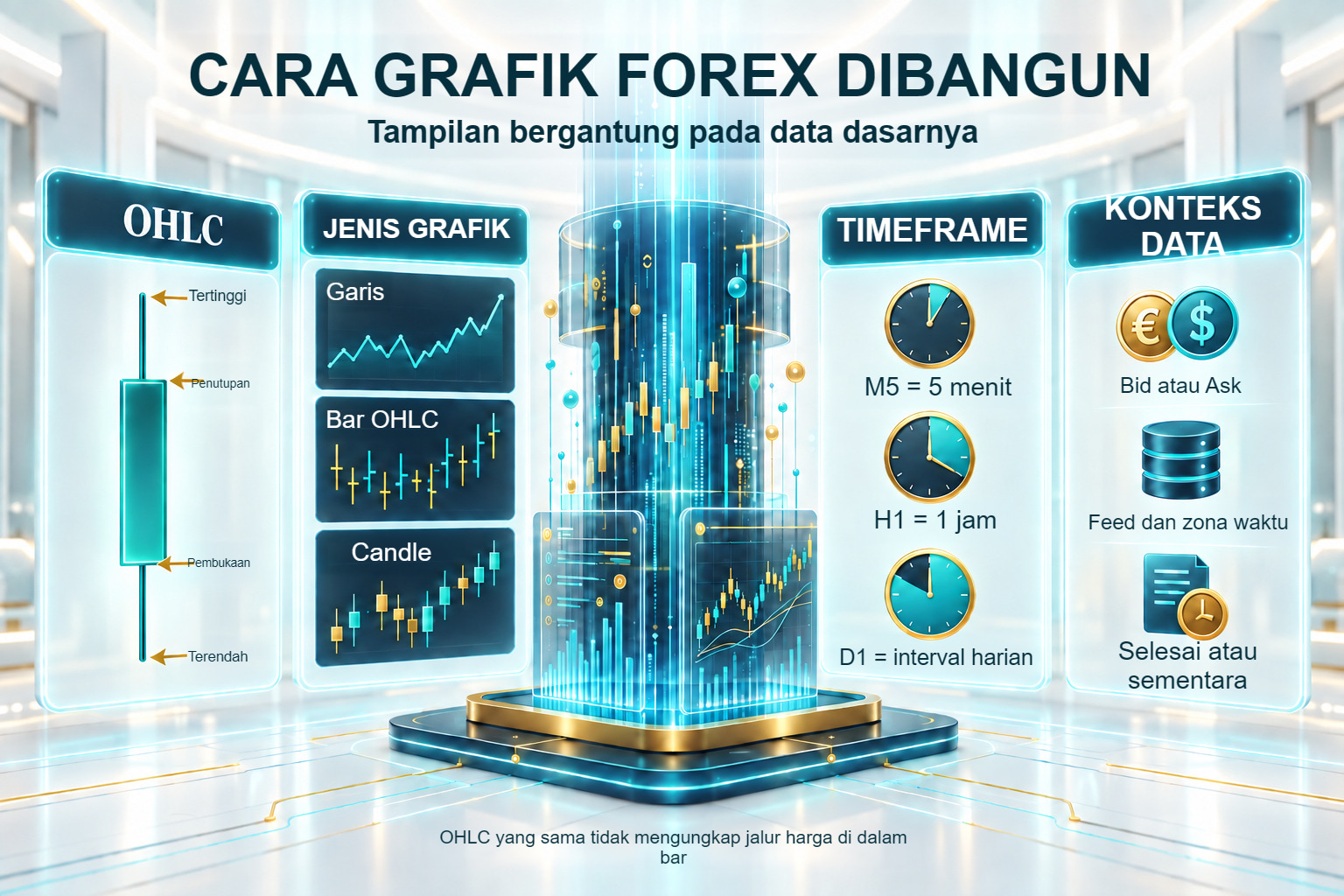 Konstruksi grafik: OHLC, jenis grafik, timeframe, dan sumber data
