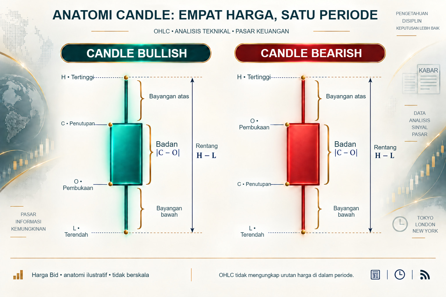Anatomi candle bullish dan bearish: Open, High, Low, Close, badan, dan bayangan