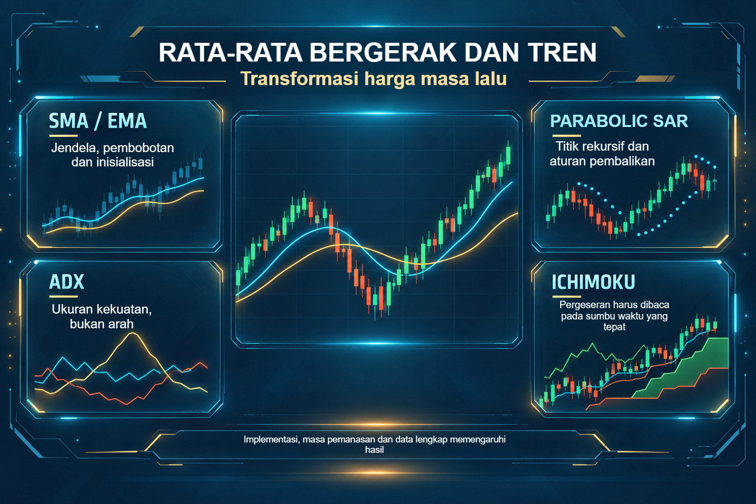 SMA, EMA, ADX, Parabolic SAR dan Ichimoku: transformasi data berbeda