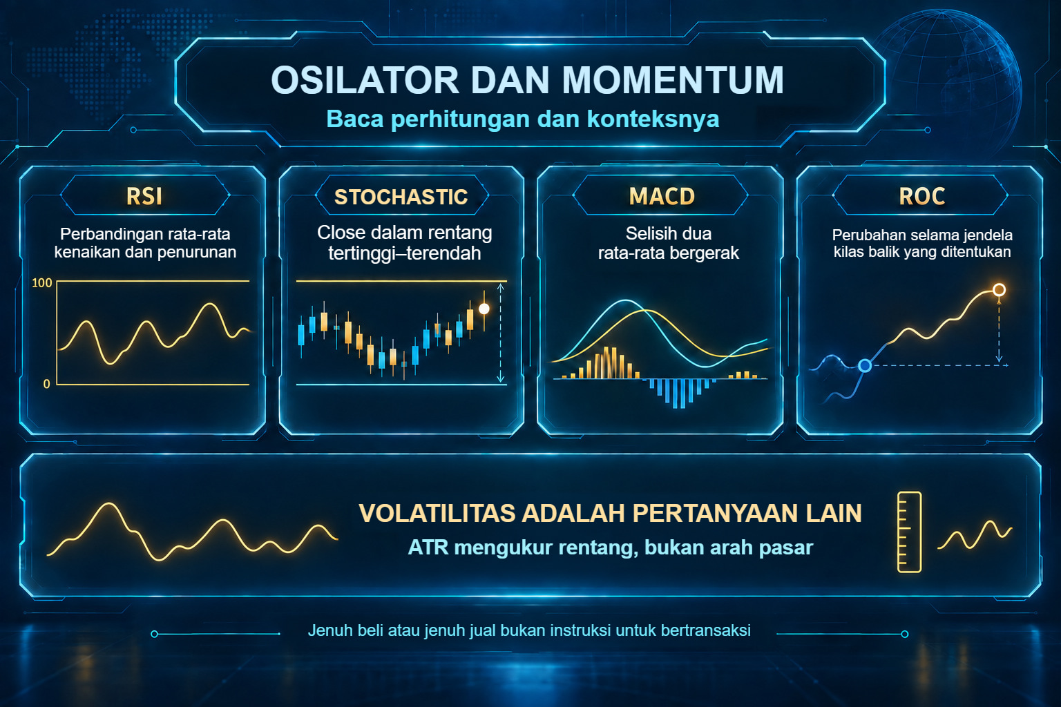 RSI, stochastic, MACD dan ROC, dengan ATR sebagai ukuran volatilitas