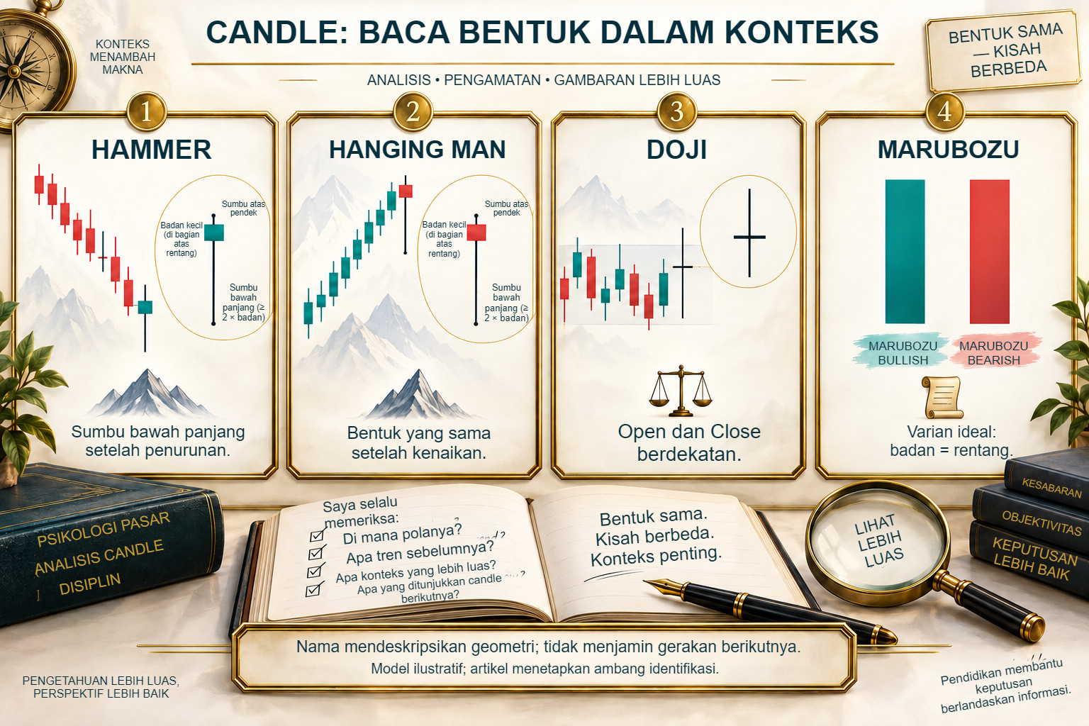 Hammer, hanging man, doji, dan marubozu: anatomi satu candle dan konteks harga sebelumnya