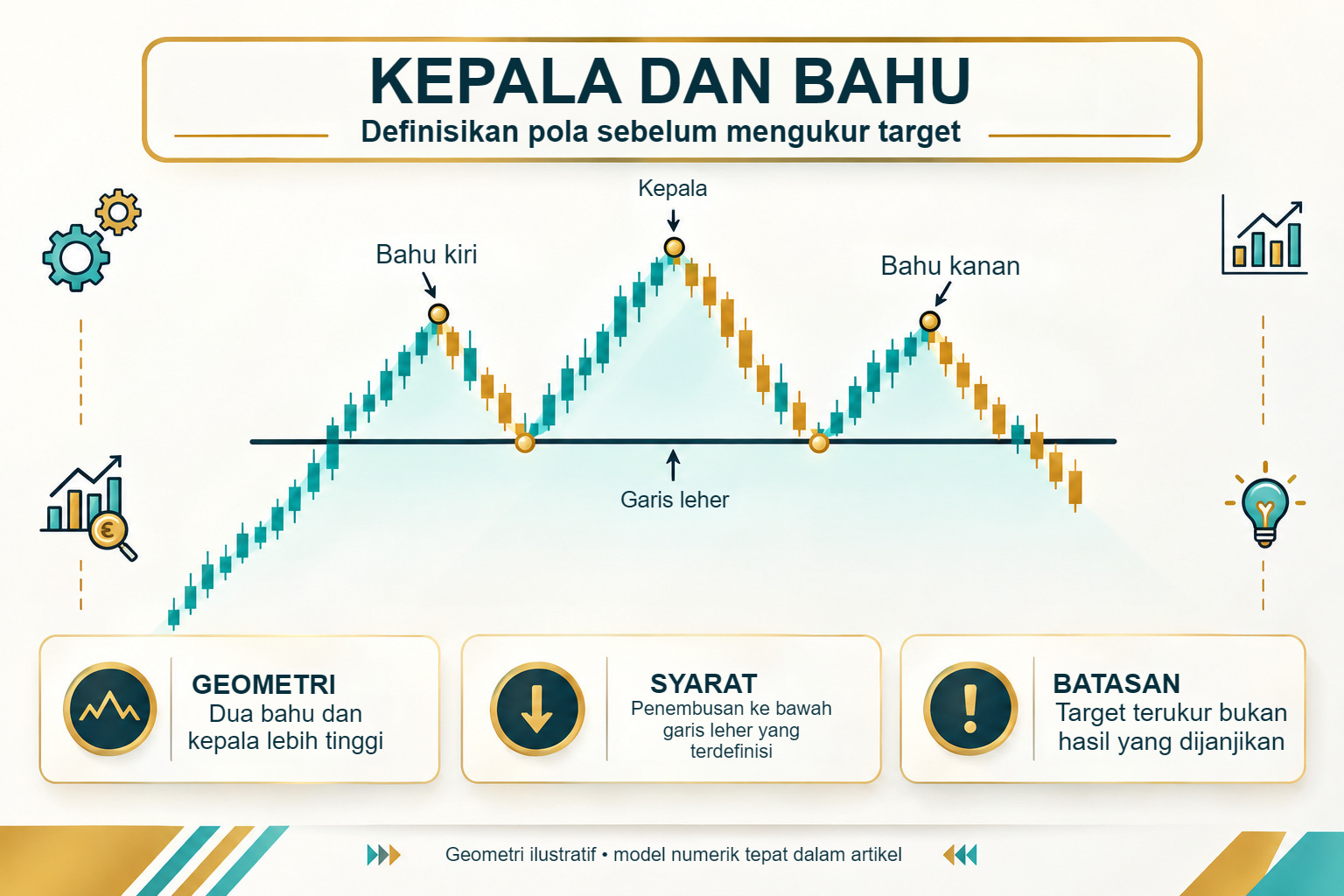 Kepala dan bahu: geometri tiga puncak dan penembusan garis leher yang terdefinisi