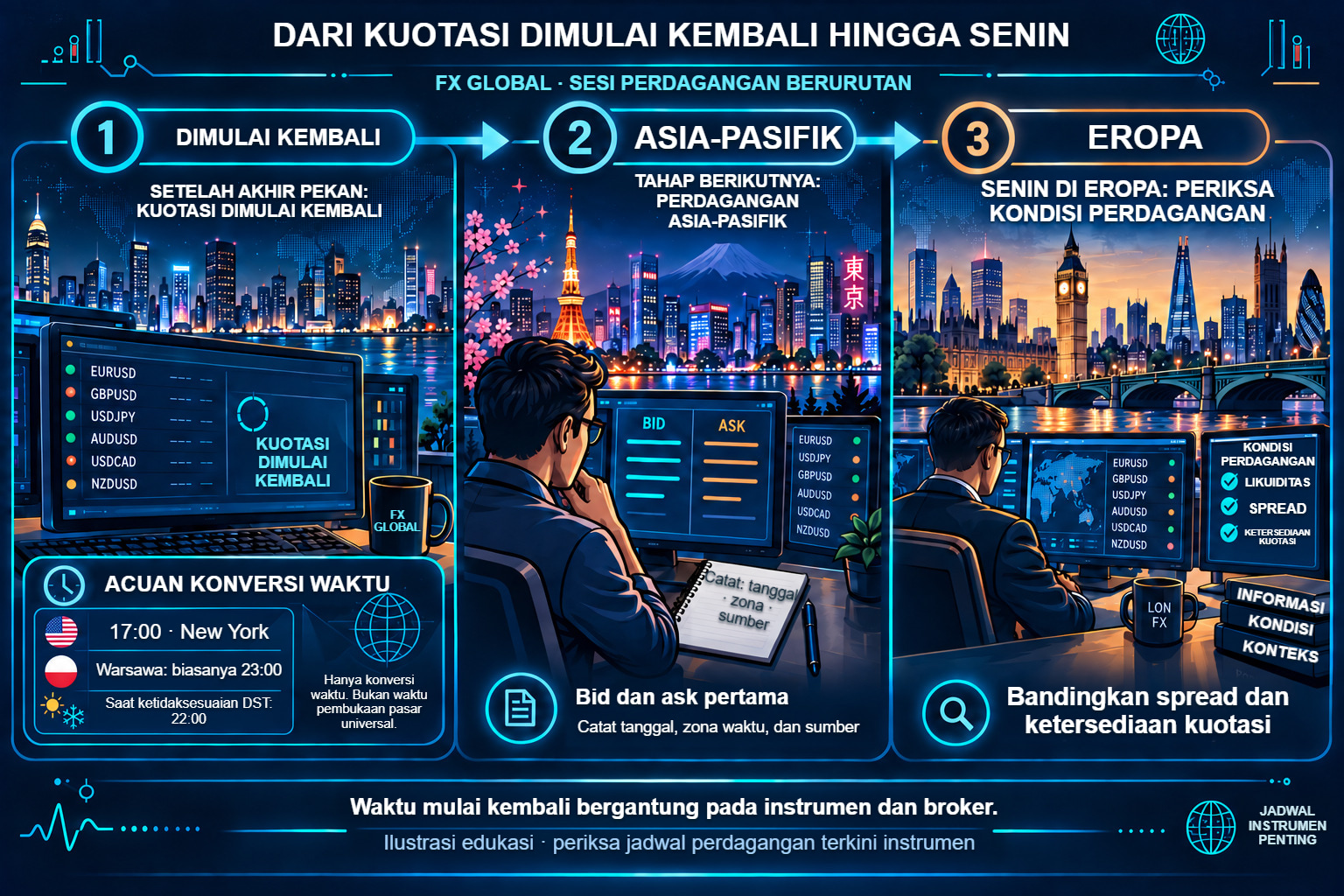 Kuotasi dimulai kembali: New York, UTC, jam lokal, dan jam instrumen