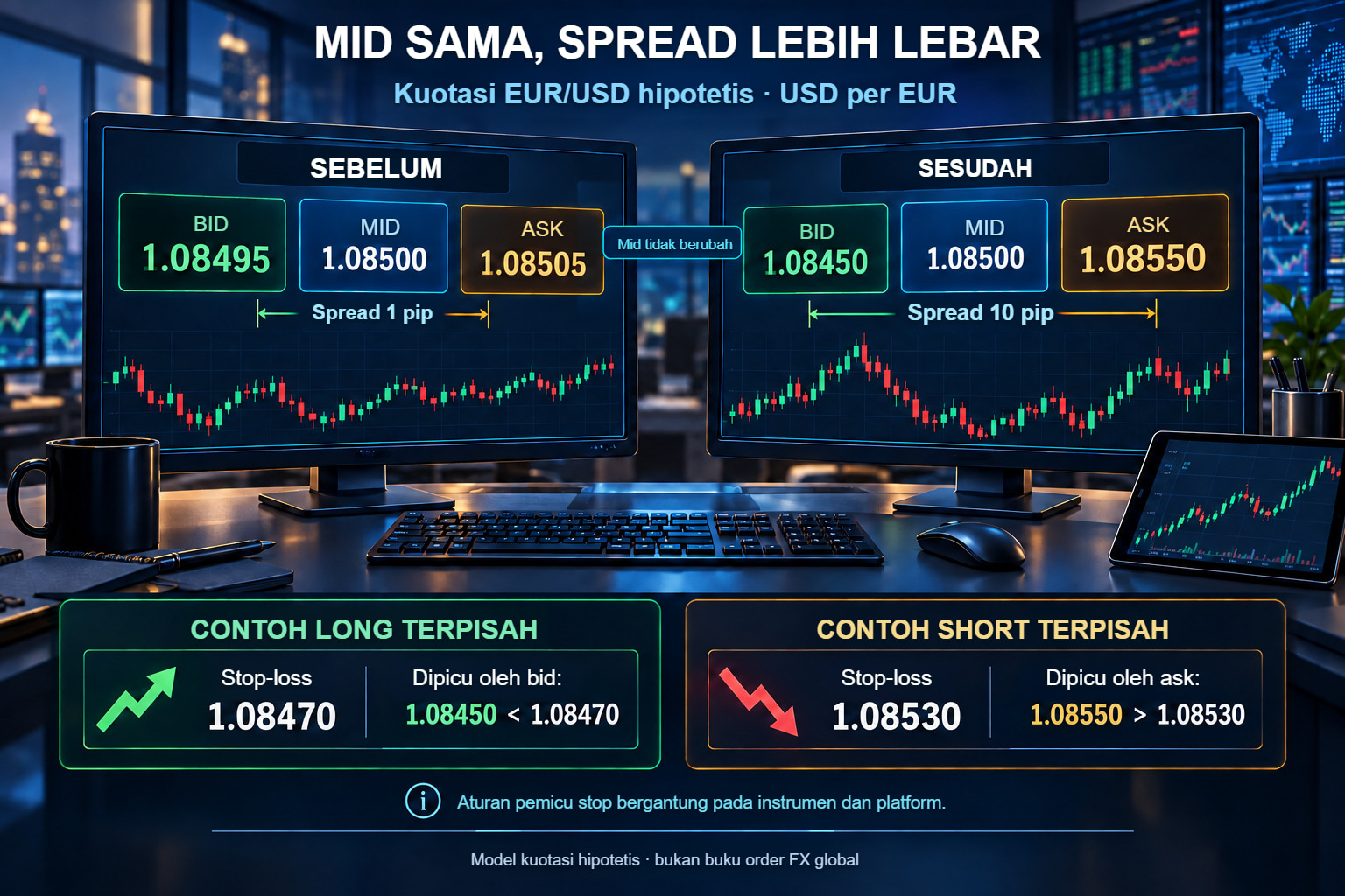 Spread EUR/USD lebih lebar: posisi long memakai bid dan short memakai ask