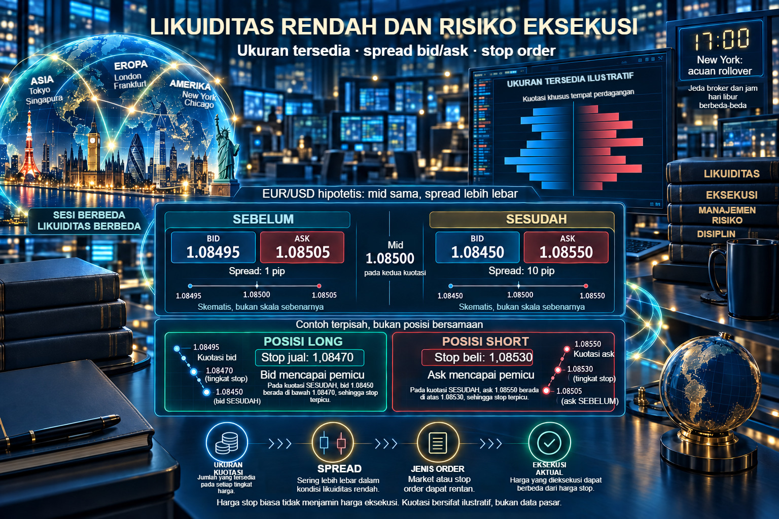 Likuiditas rendah: spread melebar dengan mid tetap dan dua stop order terpisah