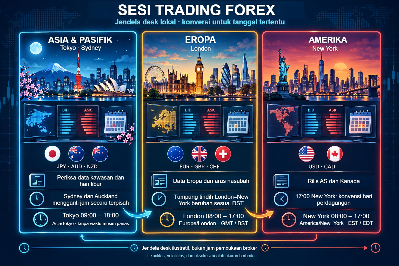 Sesi Forex: Asia-Pasifik, Eropa, dan Amerika dengan model jam desk lokal
