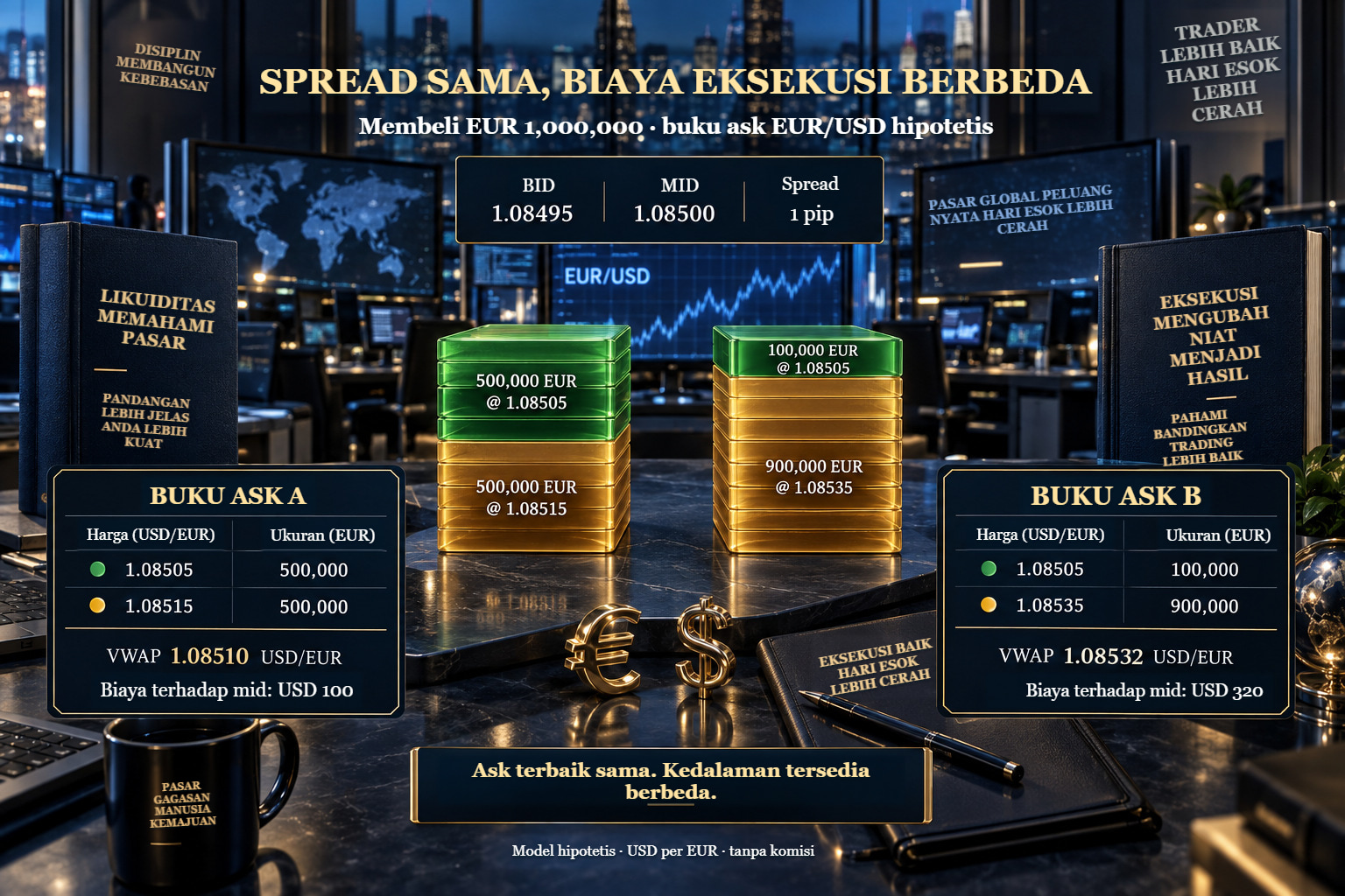 Dua buku kuotasi EUR/USD model: spread identik, VWAP berbeda untuk satu juta EUR