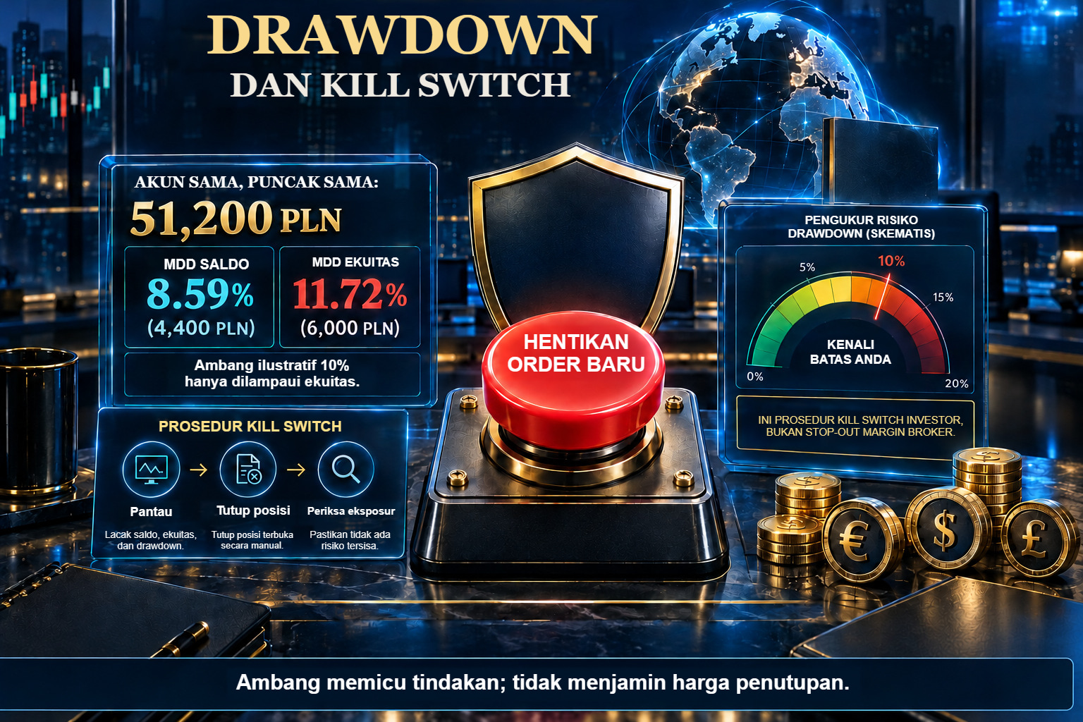 Drawdown: MDD saldo 8,59% dan MDD ekuitas 11,72% dari puncak PLN 51.200.