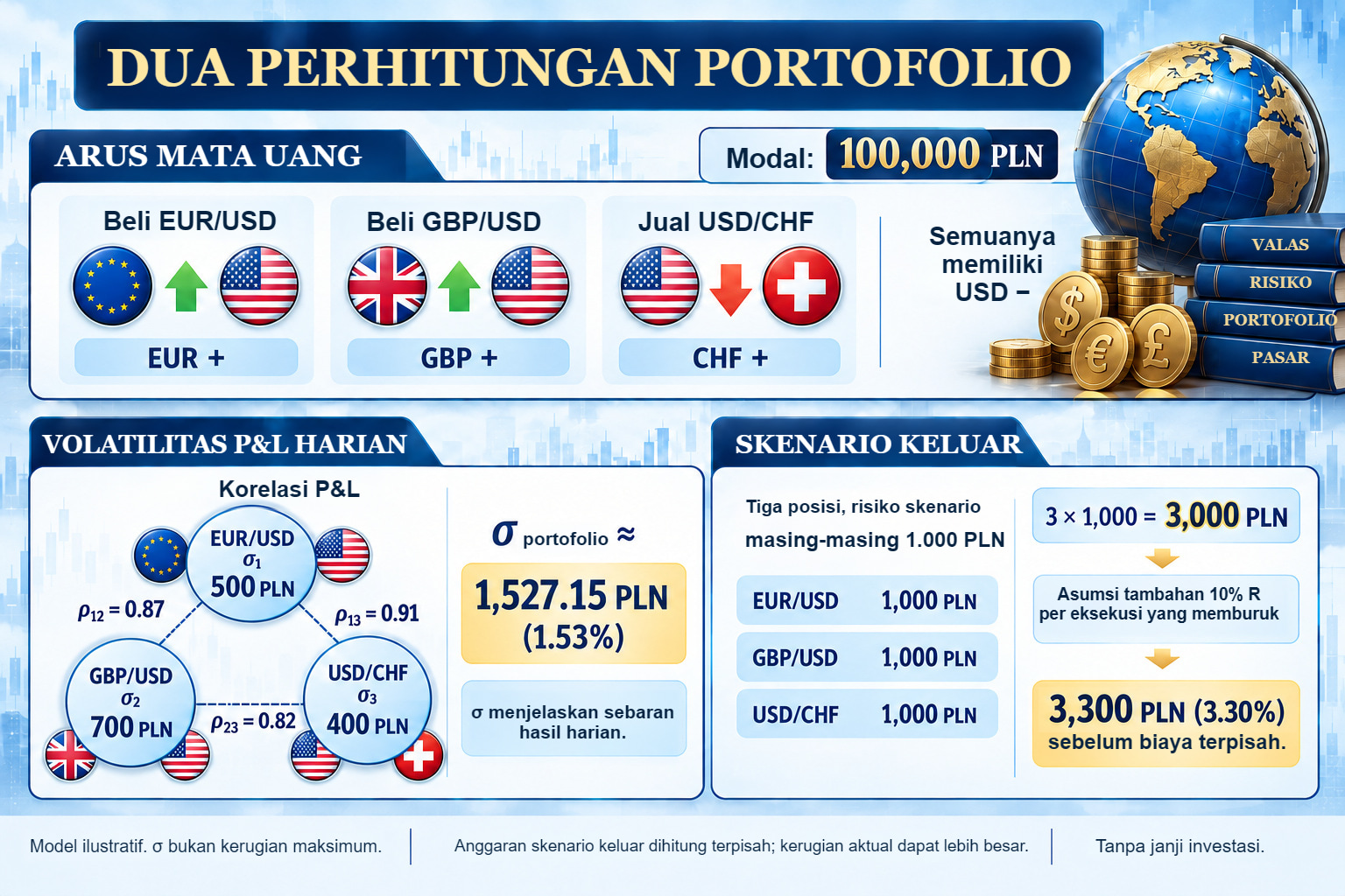 Model tiga posisi dengan sisi jual USD bersama. Kovarians memberikan σ harian sekitar 1.527 PLN; skenario keluar terpisah memberikan 3.000 PLN atau 3.300 PLN dengan eksekusi memburuk 10%.