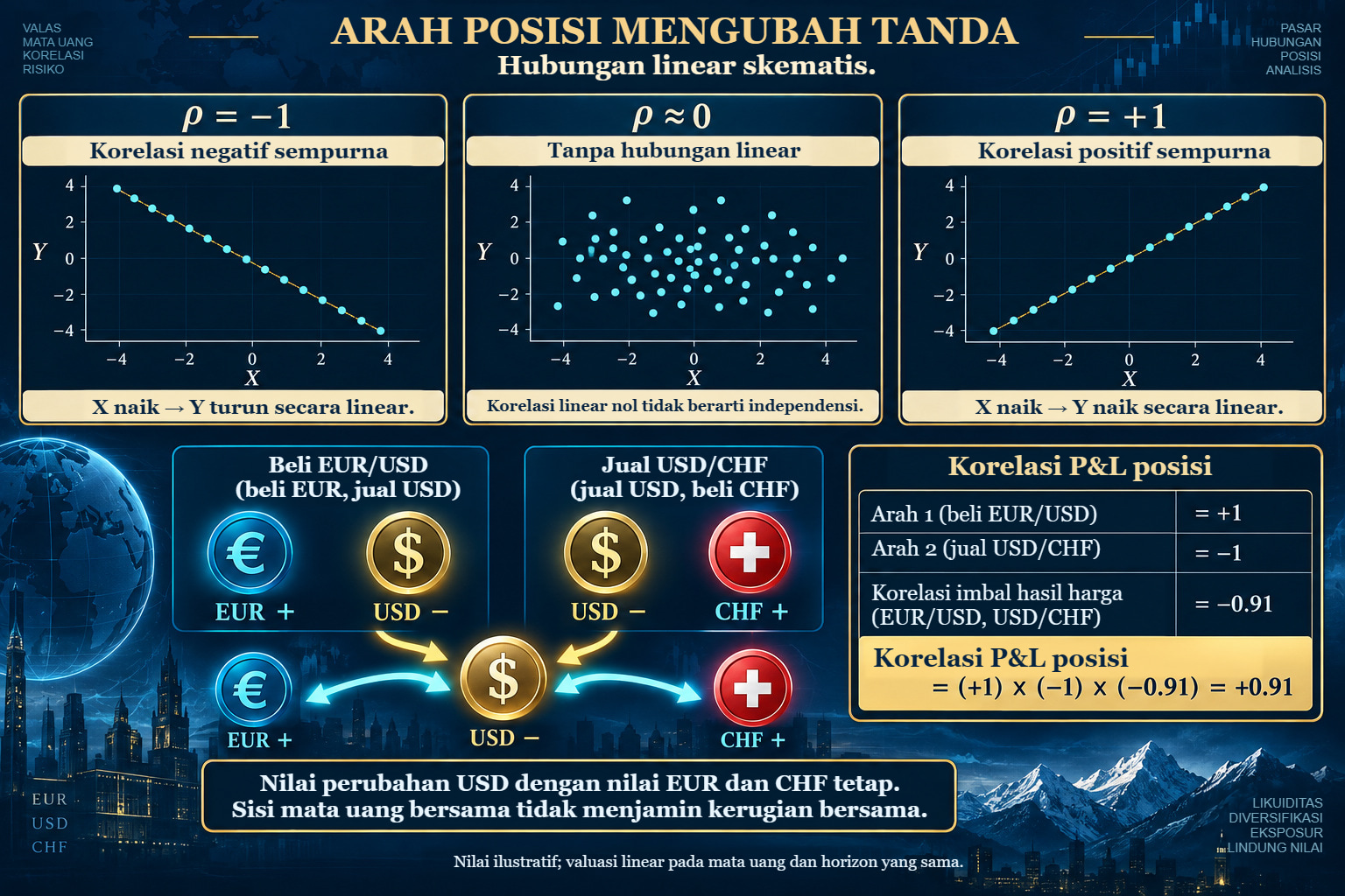 Hubungan linear negatif, nol, dan positif secara skematis, dengan penyesuaian tanda: beli EUR/USD dan jual USD/CHF mengubah korelasi model imbal hasil −0,91 menjadi korelasi P&L +0,91.