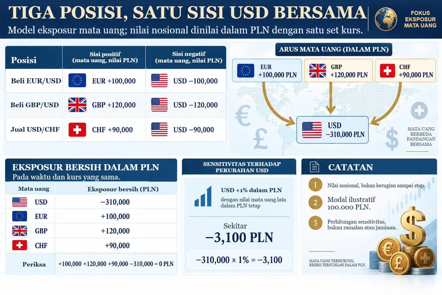 Lembar model tiga posisi: EUR +100.000 PLN, GBP +120.000 PLN, CHF +90.000 PLN, dan USD −310.000 PLN. Nilai nosional bertanda dan skenario USD menguat 1% dalam PLN.