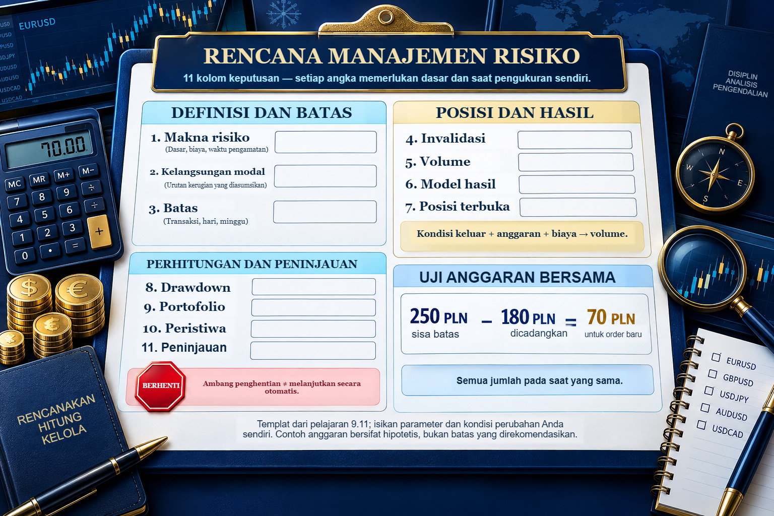 Sebelas kolom rencana dari pelajaran 9.11: makna risiko dan kelangsungan modal, batas, invalidasi, volume, model hasil dan posisi terbuka, lalu drawdown, portofolio, peristiwa, serta pembaruan; di sampingnya pemeriksaan 250−180=PLN 70.