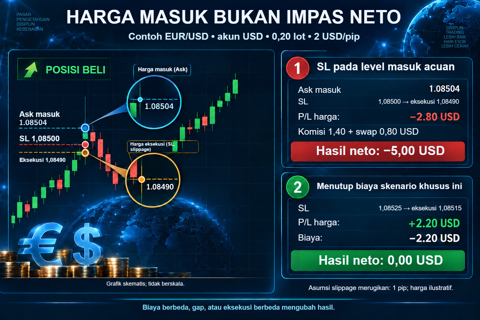 Harga masuk bukan titik neto nol: contoh EUR/USD yang mencakup biaya dan slippage.