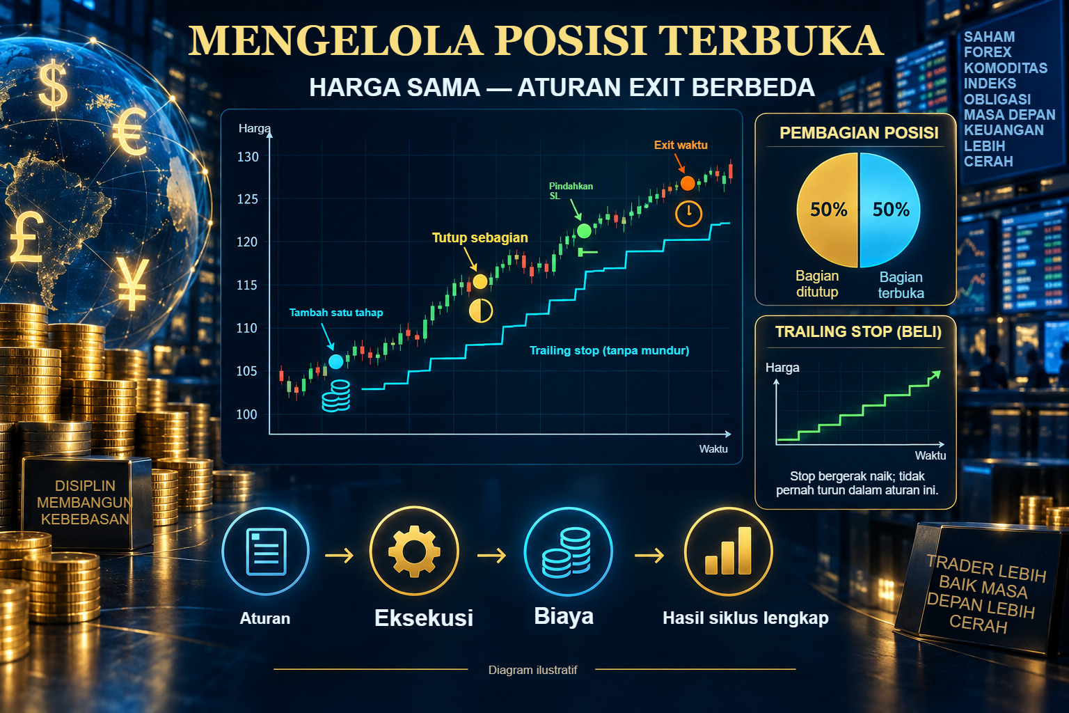 Pengelolaan posisi terbuka: pembaruan SL, ambang impas, exit sebagian, dan pengendalian eksposur.