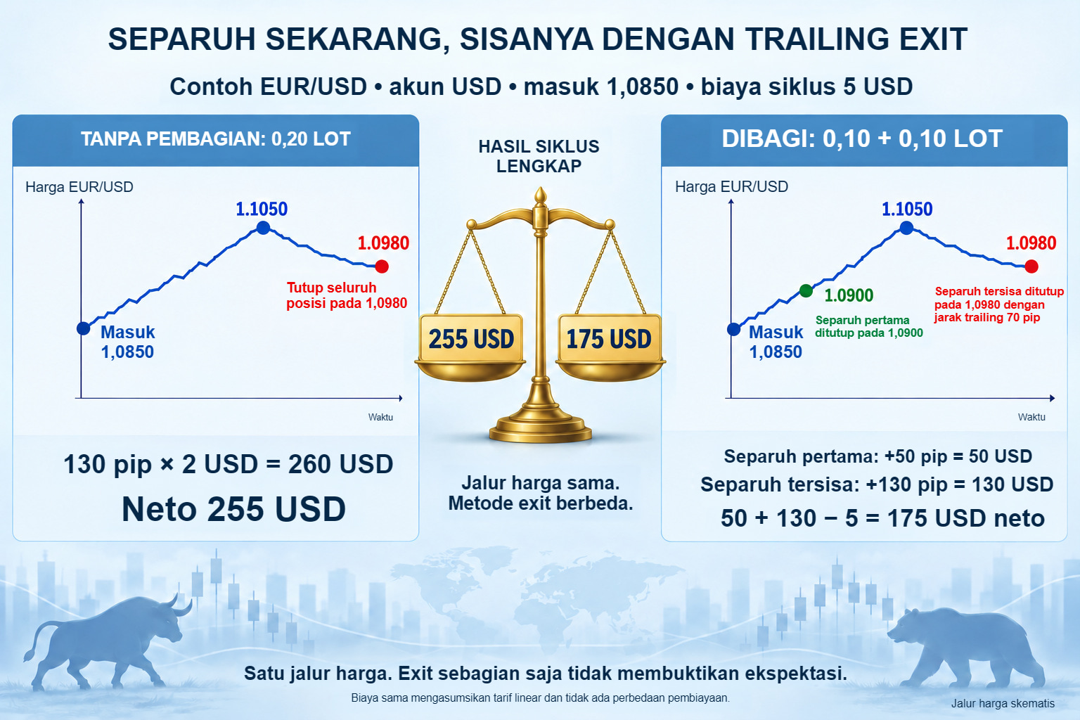 Exit sebagian: USD 255 neto tanpa pemecahan, dibanding USD 175 neto setelah menutup separuh lebih awal.