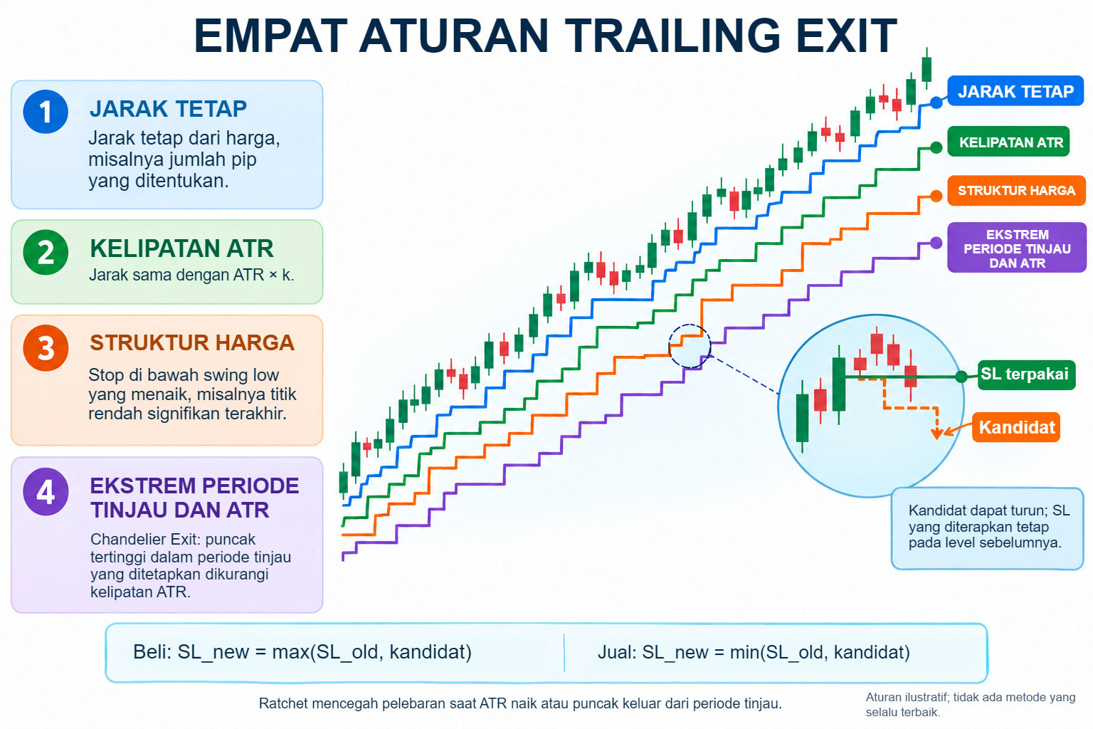 Empat metode trailing stop dan aturan yang melarang SL yang sudah diterima bergerak mundur.