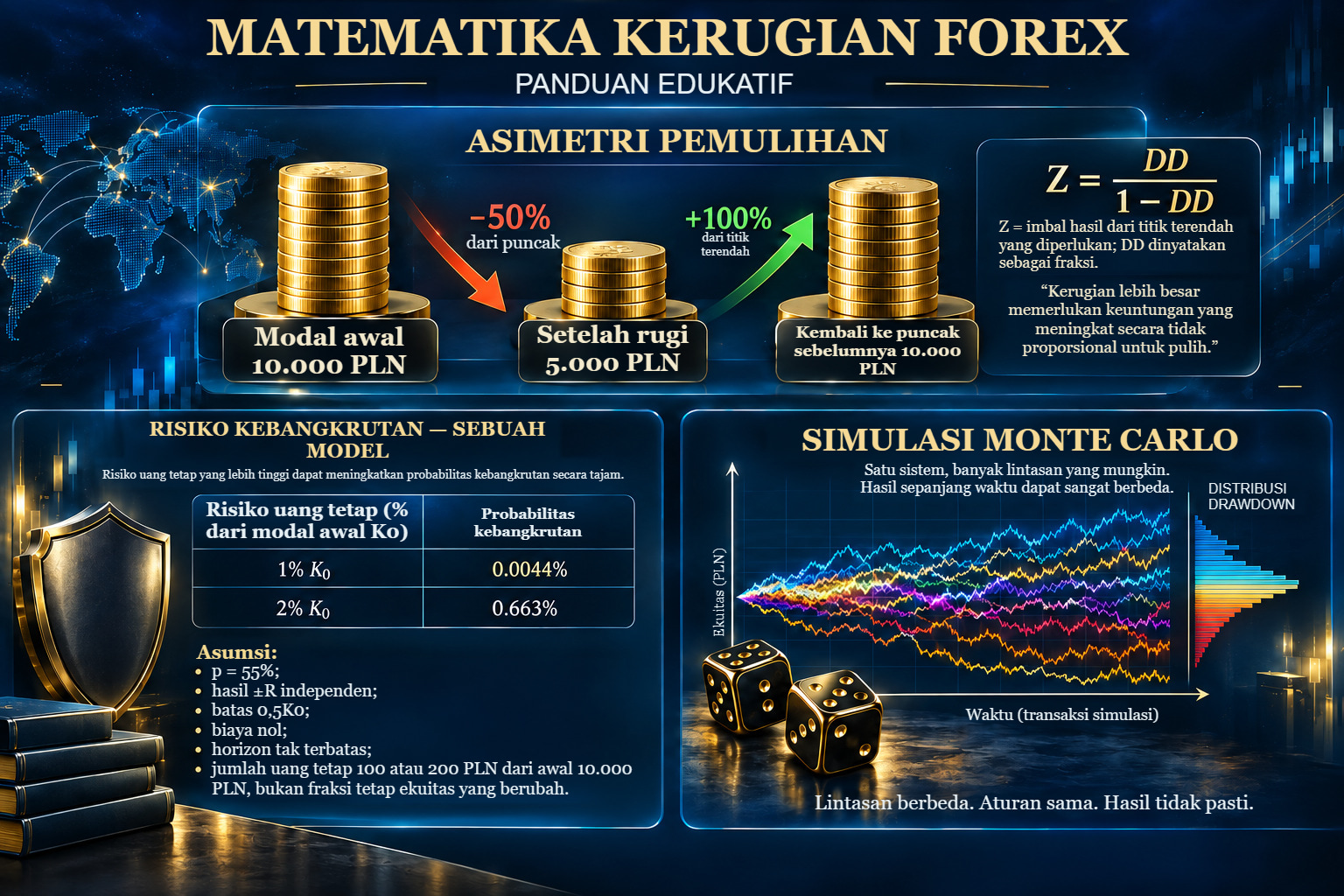 Tiga topik matematika kerugian: modal PLN 10.000–5.000–10.000 dengan dasar persentase berbeda; perbandingan risiko kebangkrutan model dengan jumlah tetap; serta diagram pengambilan hasil secara Monte Carlo.