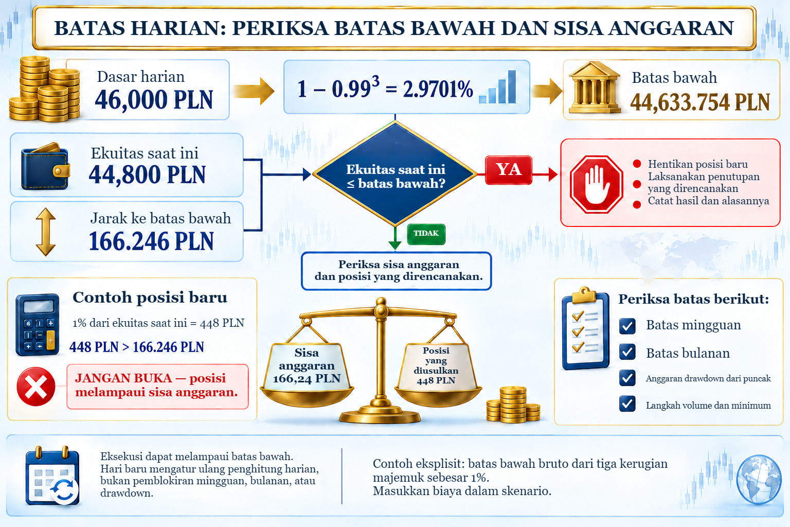 Diagram pemeriksaan batas harian: dasar PLN 46.000, ambang 2,9701%, batas bawah PLN 44.633,754 dan pembacaan PLN 44.800. Posisi baru sebesar PLN 448 melampaui sisa PLN 166,246.