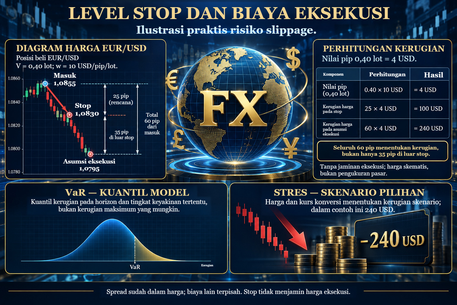 Ilustrasi posisi beli EUR/USD: masuk 1,0855, stop 1,0830, asumsi eksekusi 1,0795. Rencana 25 pip memberi USD 100; jarak penuh 60 pip memberi USD 240 sebelum biaya.