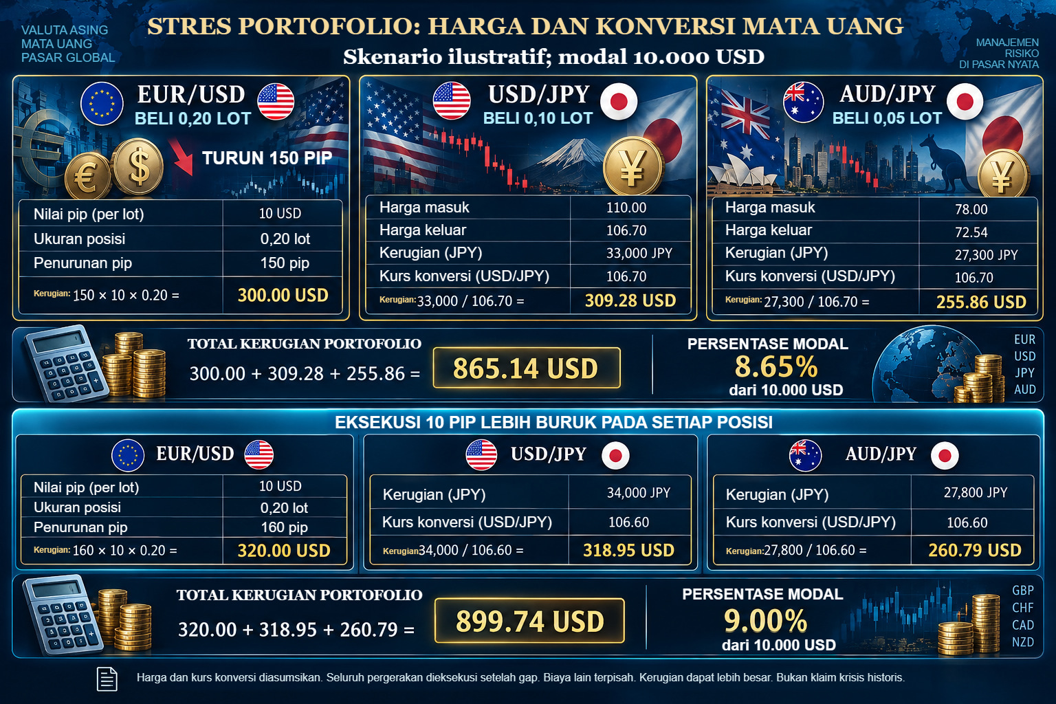 Stres hipotetis pada tiga posisi beli: EUR/USD USD 300, USD/JPY USD 309,28, AUD/JPY USD 255,86. Total USD 865,14; eksekusi 10 pip lebih buruk pada masing-masing memberi USD 899,74.